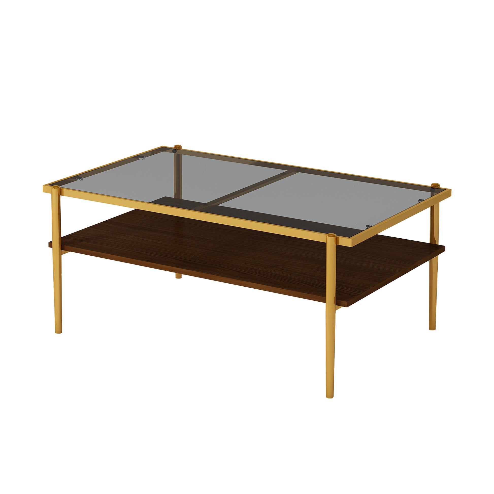 Rectangle Coffee Table With Gray Tempered Glass Top And Golden Legs, Modern Table For Living Room Gray Tempered Glass