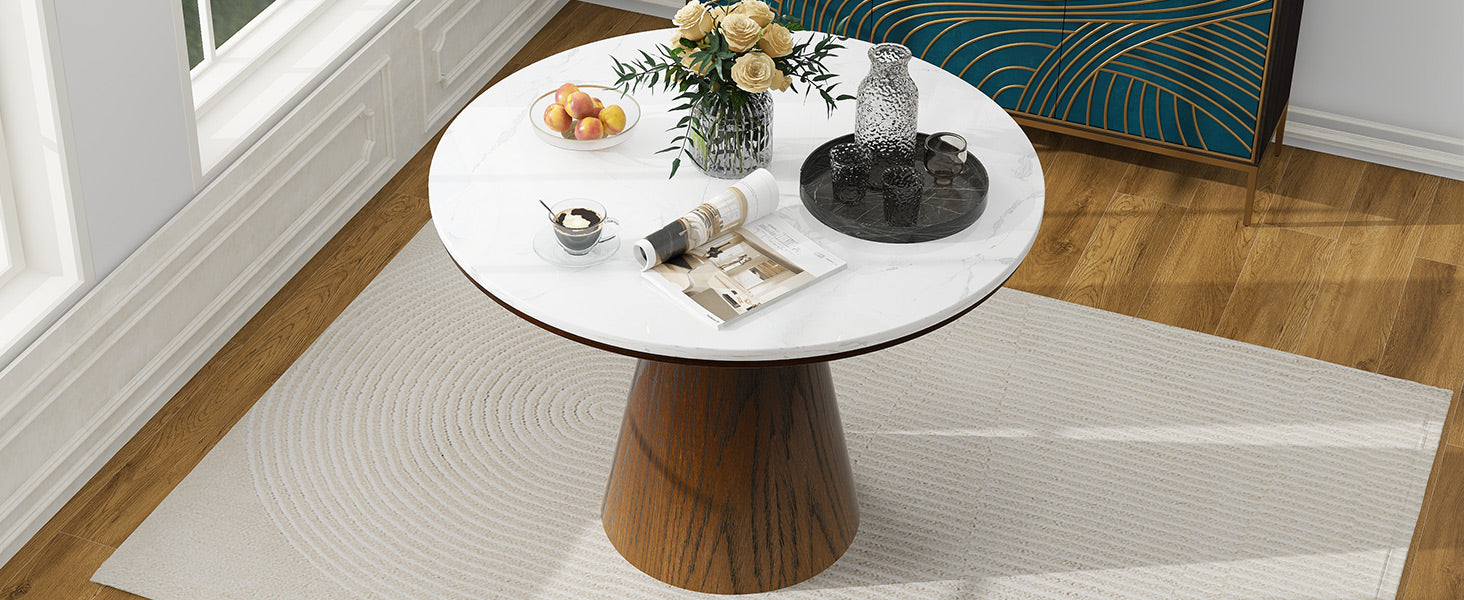 Retro Round Dining Table Minimalist Elegant Table For Living Room, Dining Room White Brown Brown White Rubber Wood