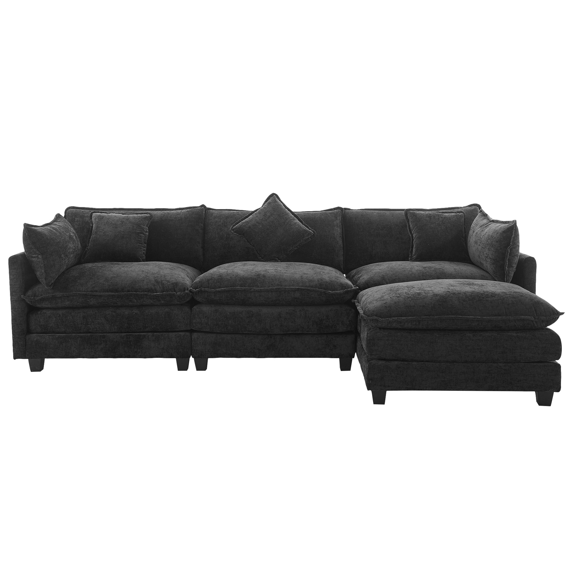 112.2" L Shape Chenille Upholstered Sofa For Living Room Modern Luxury Sofa Couch With Ottoman And 5 Pillows For Living Room Sg001160Aa , Black Black Foam 4 Seat