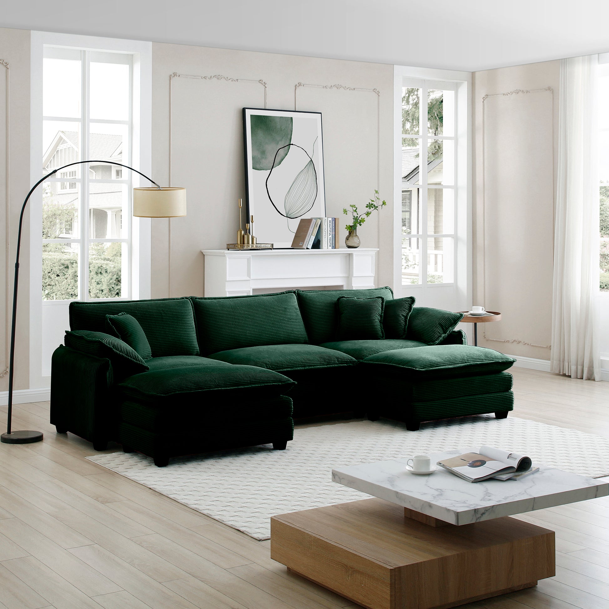 Oversized Modular Cushioned Sofa With Conversible Ottoman, 3 Seater Sofa With 2 Footstools, U Shape Sofa Ingreen Corduroy Fabric Green Corduroy 3 Seat