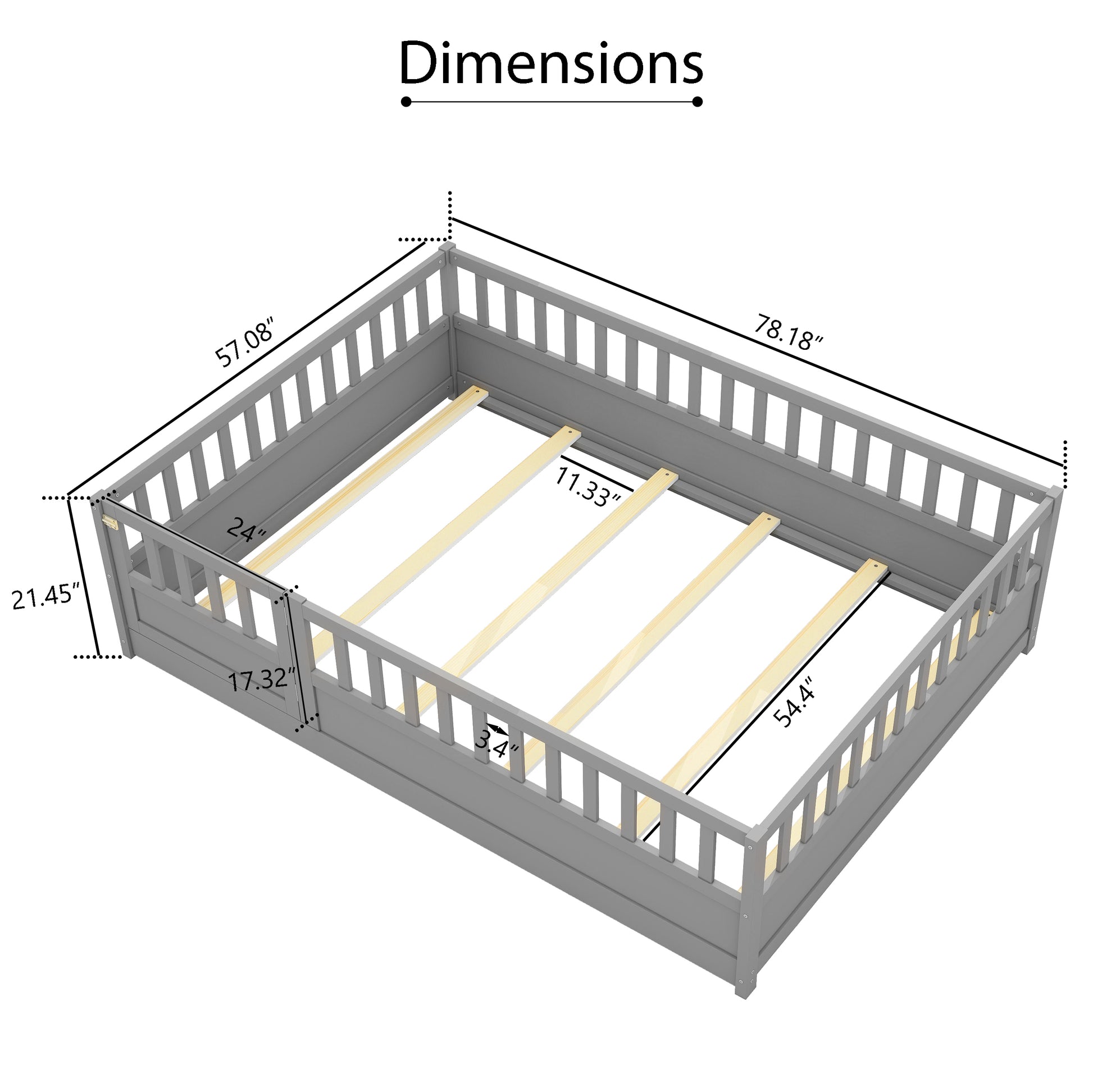 Full Size Floor Bed, Integral Construction With Super High Security Barrier, Door, Children'S Floor Bed Frame, Montessori Wooden Children'S Floor Bed, Support Slat Grey Box Spring Required Full Grey