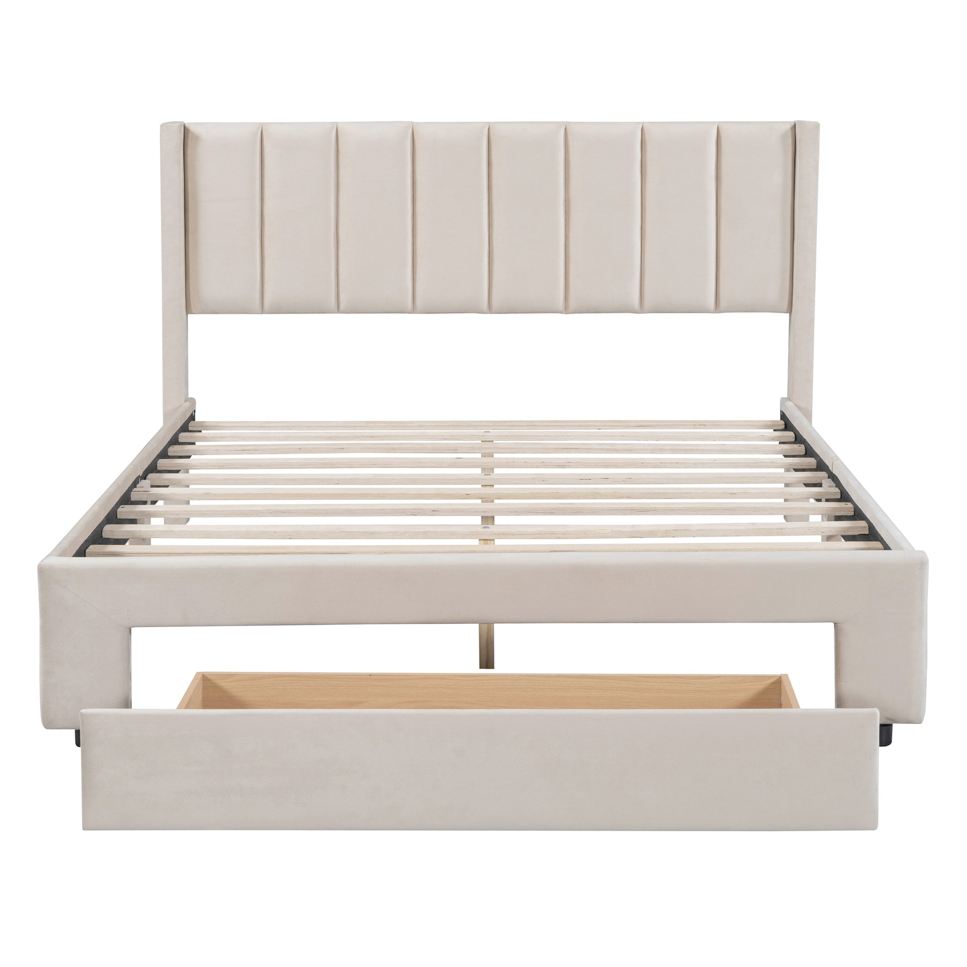 Full Size Storage Bed Velvet Upholstered Platform Bed With A Big Drawer Beige Old Sku:Wf296850Aaa Full Beige Velvet