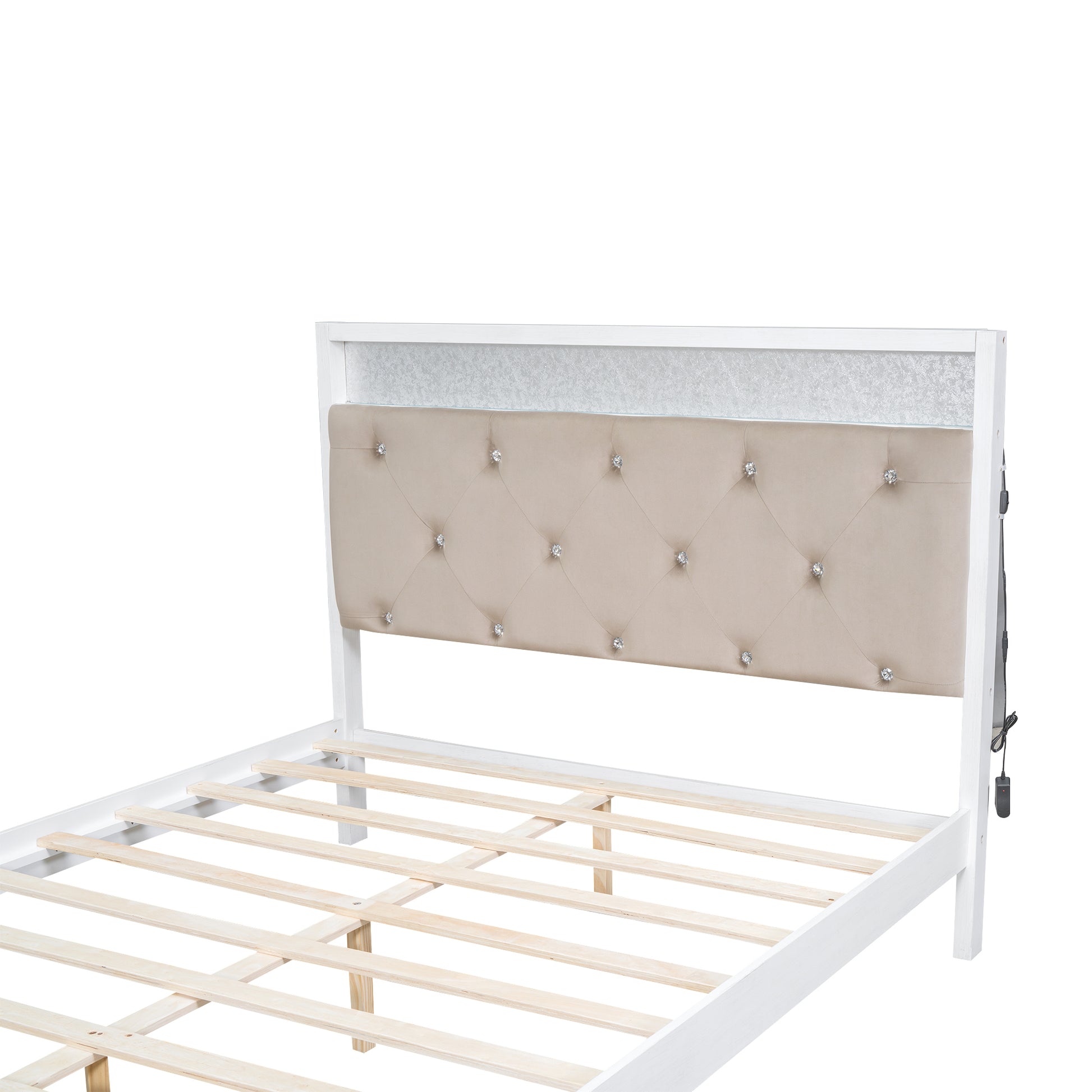 Wood Queen Size Platform Bed With Upholstered Headboard And Led And 2 Drawers, Antique White Box Spring Not Required Queen Antique White Wood Bed Frame Solid Wood Mdf