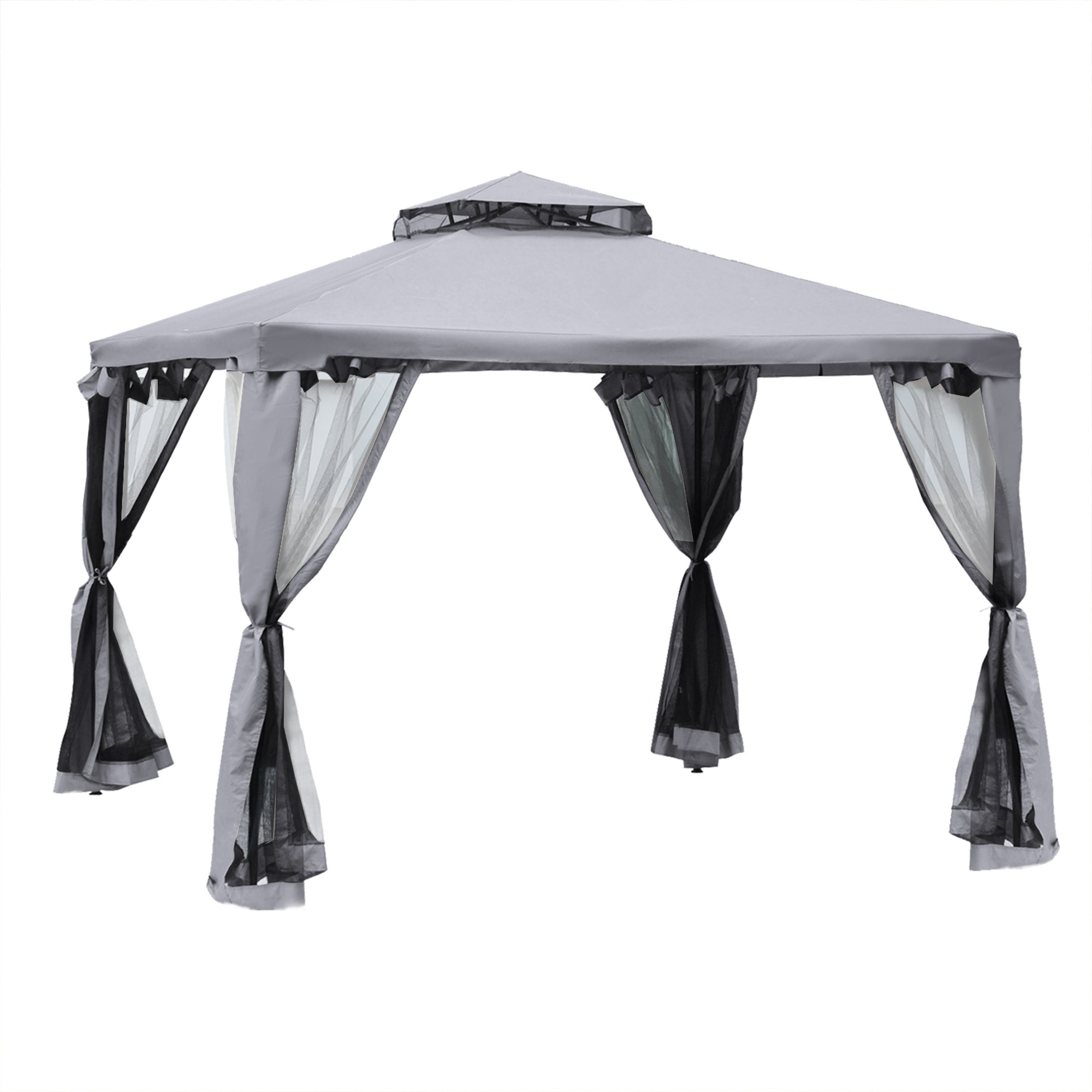 Outsunny 9.6' X 9.6' Patio Gazebo, Outdoor Canopy Shelter With 2 Tier Roof And Netting, Steel Frame For Garden, Lawn, Backyard, And Deck, Gray Gray Polyester