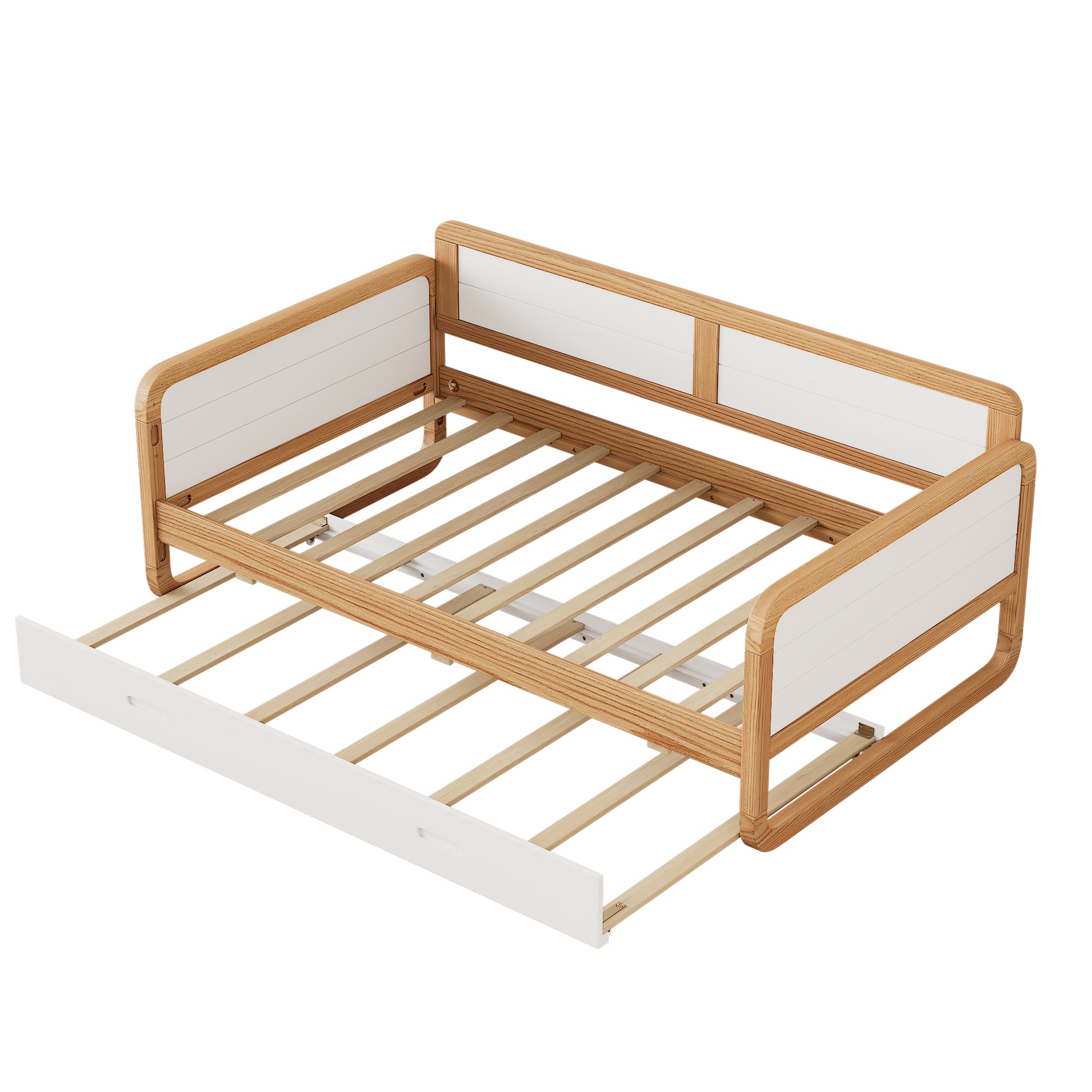 Twin Size Solid Wood Daybed With Trundle For Limited Space Kids, Teens, Adults, No Need Box Spring, Walnut And White Box Spring Not Required Twin White Walnut Wood Bedroom Modern Pine Daybeds Wood