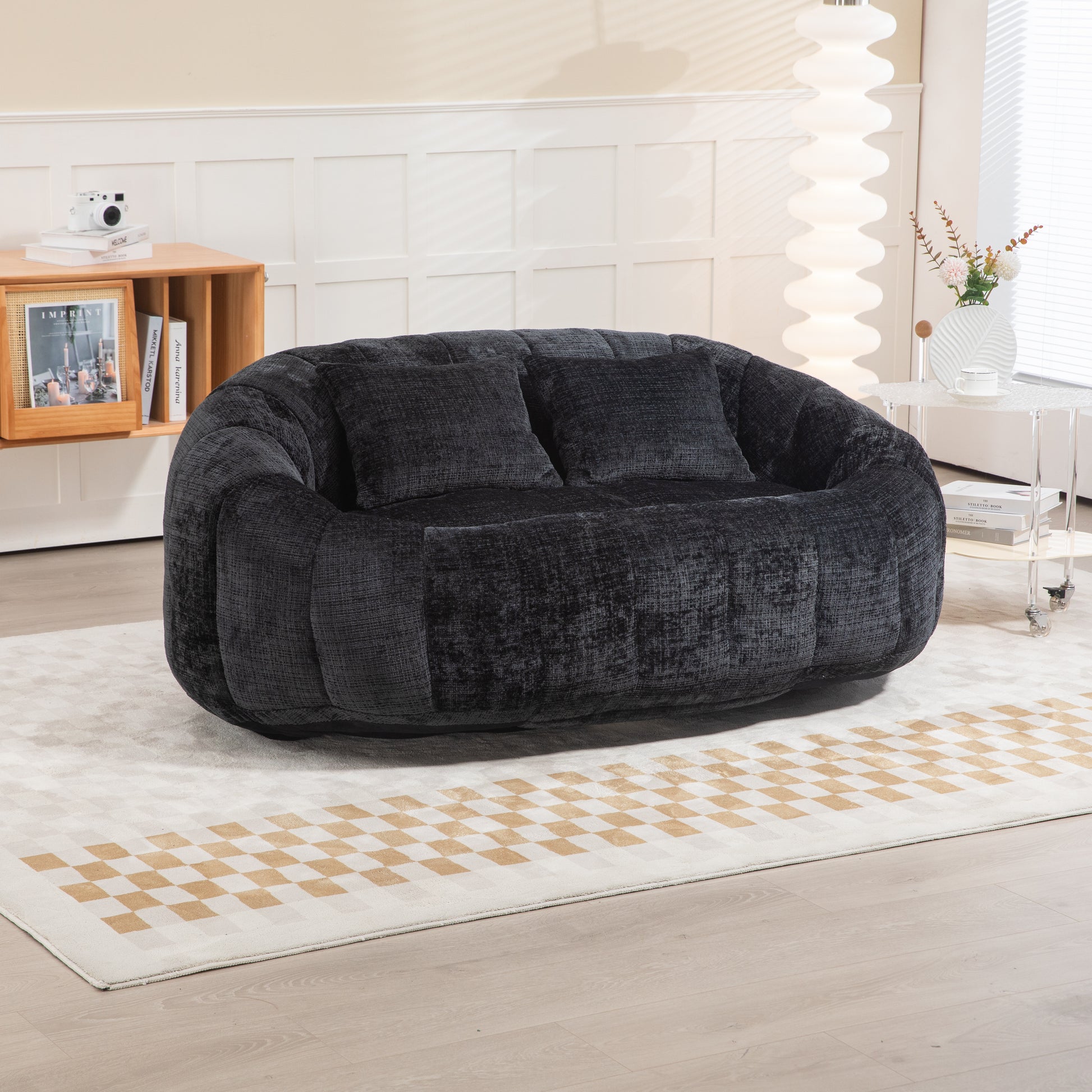 Coolmore Bean Bag Sofa Lazy Sofa Durable Comfort Lounger High Back Bean Bag Chair Couch For Adults And Kids, Indoor & Outdoor, Accent Floor Soft Lounge Chair Black Chenille Black Foam Chenille 2 Seat