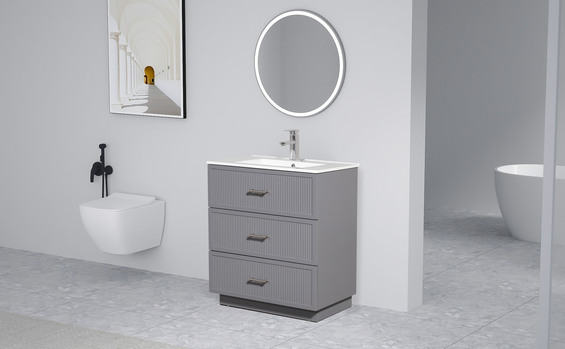 30 Inch Bathroom Vanity With Ceramic Sink Combo Set, Modern Freestanding Bathroom Storage Cabinet With 2 Drawers, Floor Standing Bath Vanity, Gray Grey Mdf