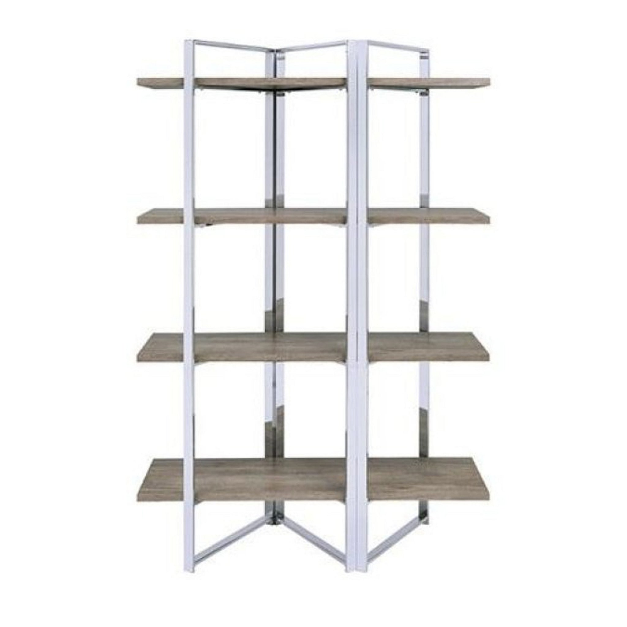 Geometric Metal Framed Bookshelf With Four Open Wooden Shelves, Brown And Silver Brown Engineered Wood