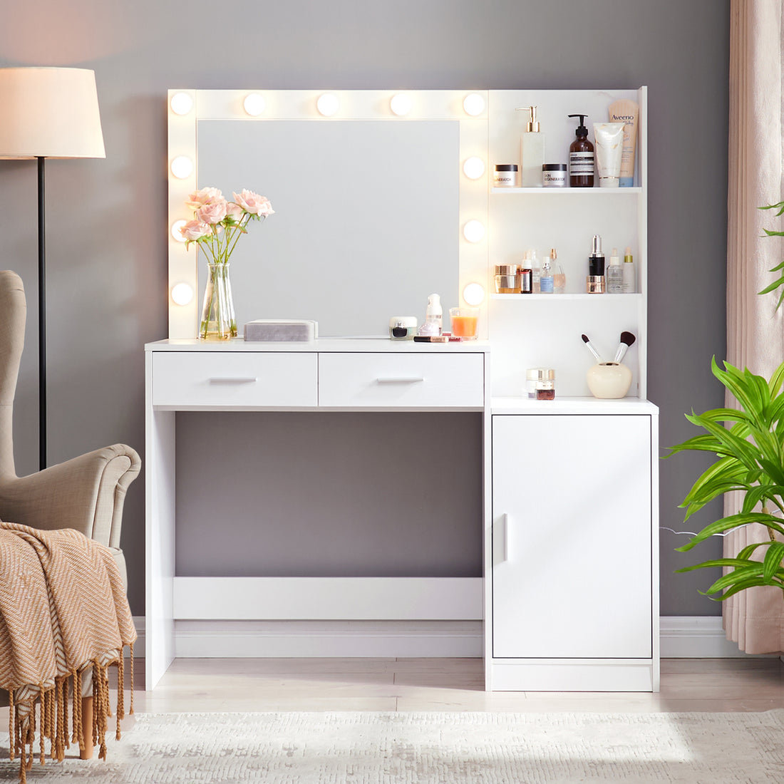 Vanity Desk With Mirror And Lights, 46.4In Dressing Table With 2 Large Drawer&Large Vertical Organizer, 3 Level Dresser & 3 Lighting Modes Adjustable Brightness, Suitable For Bedroom White White Particle Board