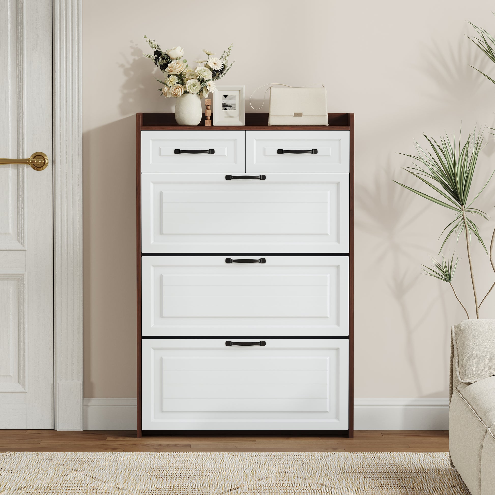 1250 Walnut Colored Shoe Cabinet, 3 Doors And 2 Drawers, Pvc Door Design, Large Storage Space Freestanding Walnut Primary Living Space Adjustable Shelves Classic Wood Particle Board Mdf