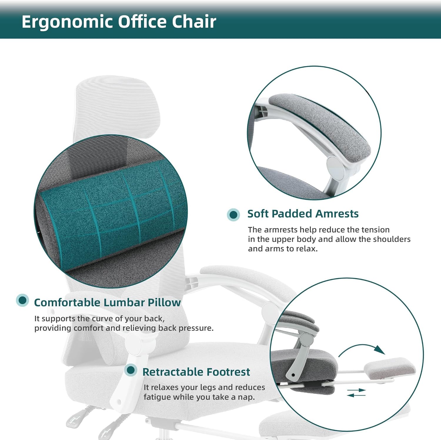 Retractable Footrest Ergonomic Swivel Office Chair With Lumbar Support Pillow And Padded Armrests, Grey Grey Metal