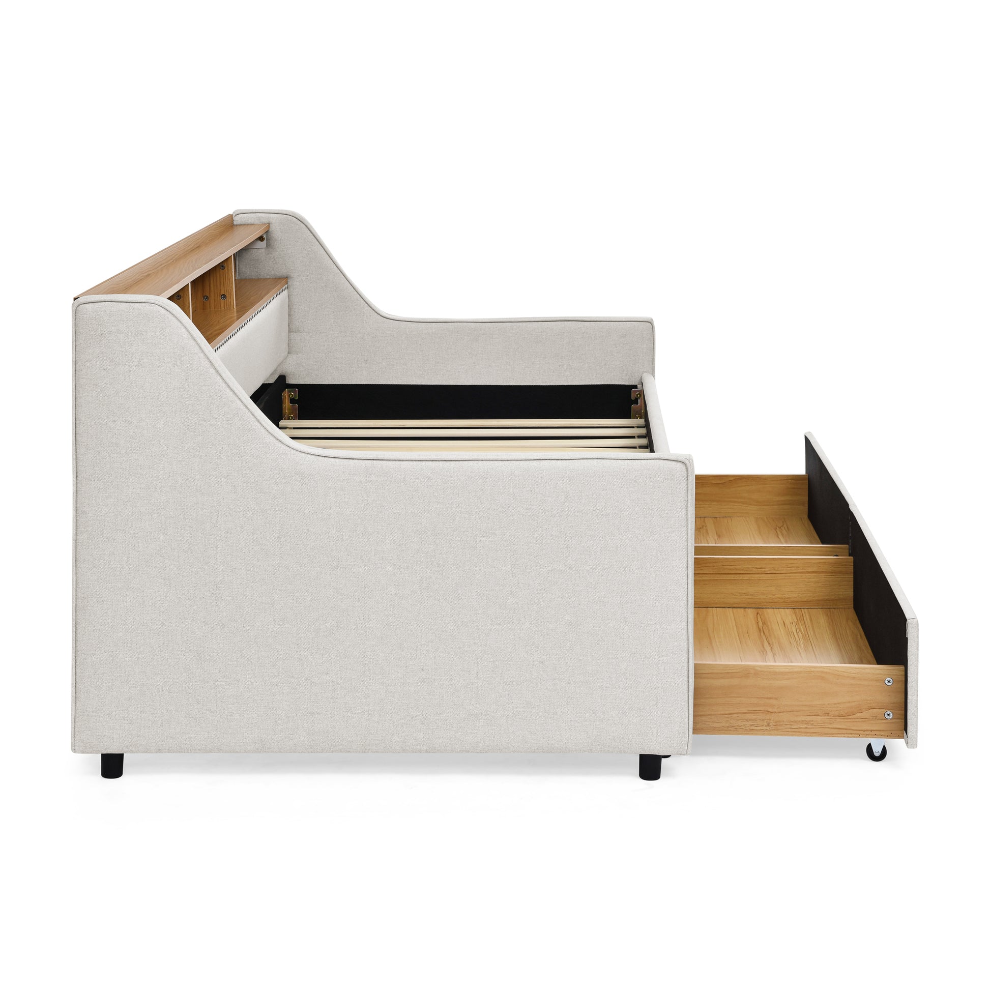 Twin Size Upholstery Sofa Bed With Three Led Lights, With Storage Adjustable Headboard, With Two Storage Pull Up Drawers And Wireless Charging, Linen Padded Sofa Bed Frame, Beige Box Spring Not Required Twin Beige Composite Bedroom Classic Eucalyptus