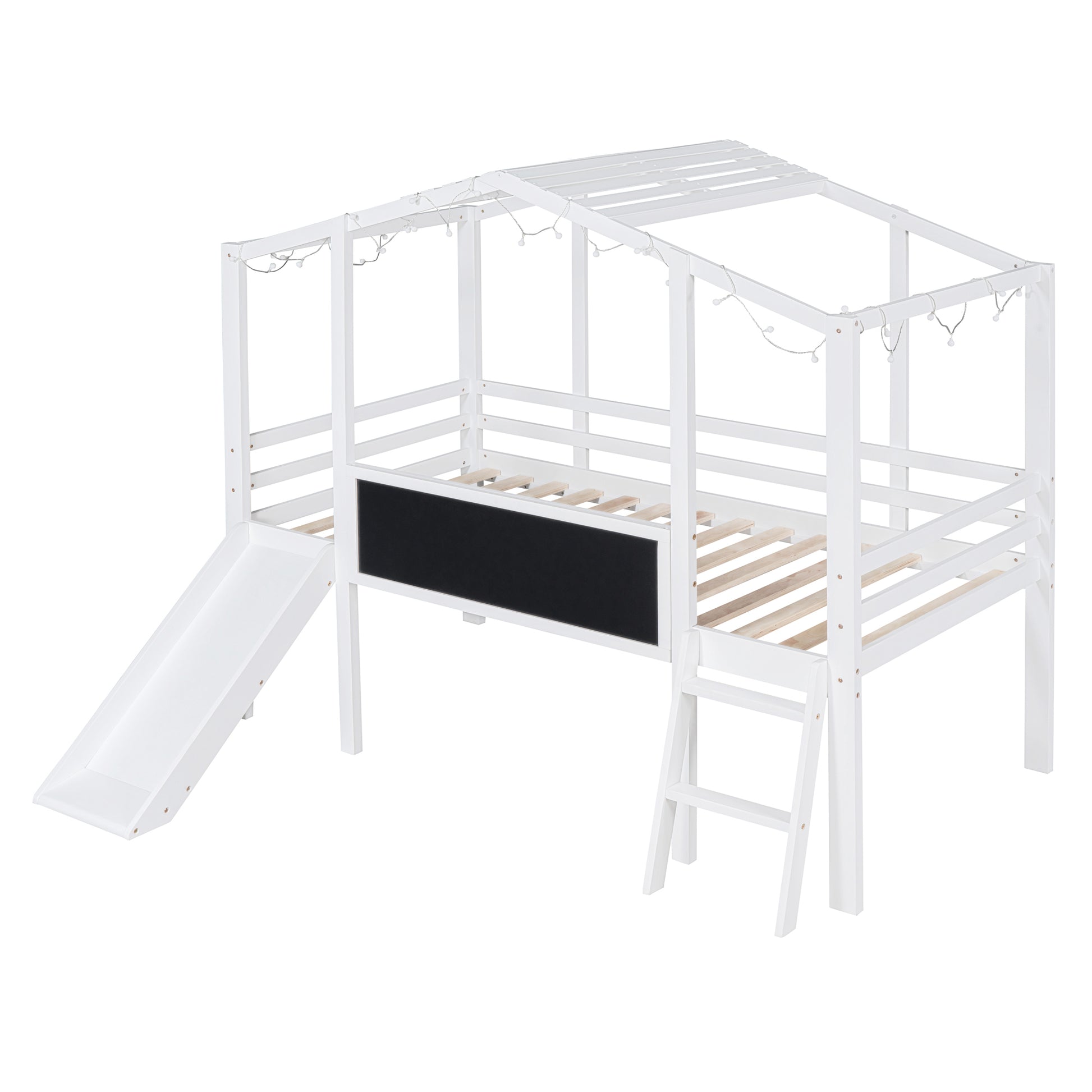 Twin Size Loft Bed With Ladder And Slide, House Bed With Blackboard And Light Strip On The Roof, White Twin White Solid Wood Mdf