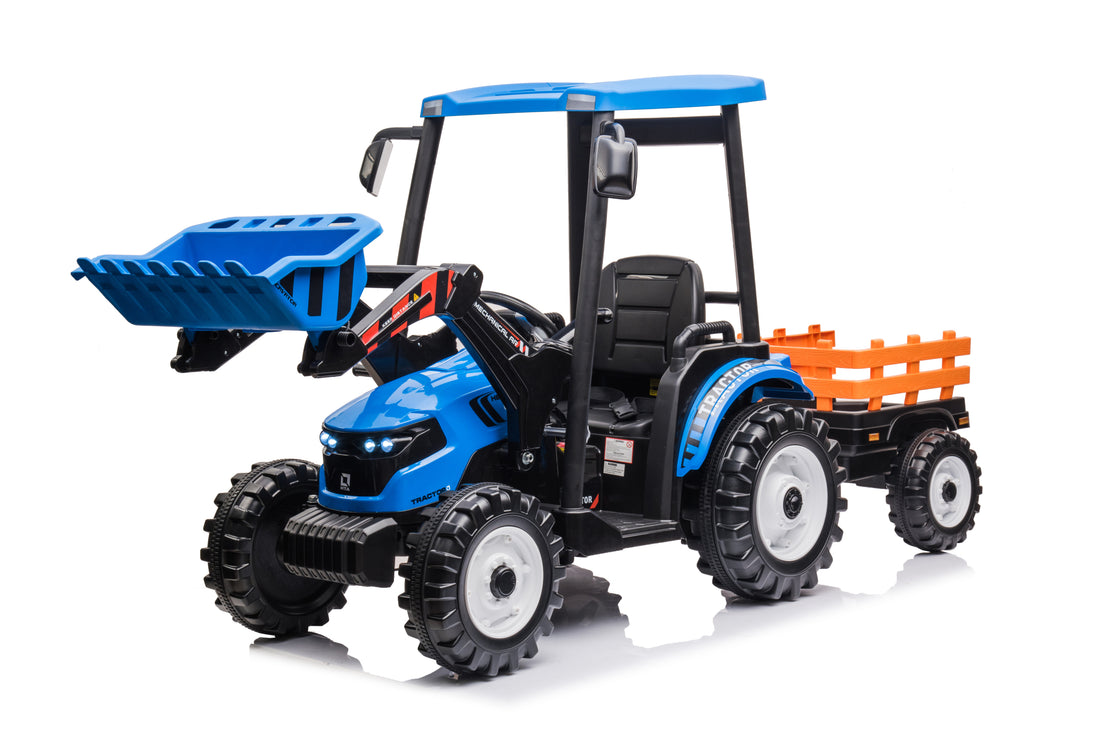 Pedal Tractors With Working Loader And Backhoe Digger, Kids' Ride On Car Toys 24V Battery Powered Electric Vehicles With Trailer, Digger For Toddlers Blue Blue Plastic