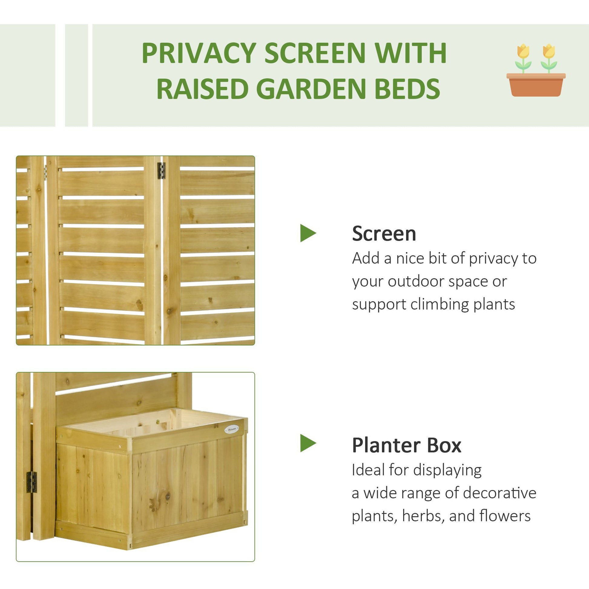 Outsunny Freestanding Outdoor Privacy Screen, 4 Self Draining Planters Raised Garden Beds, 3 Hinged Panels For Hot Tub, Patio, Backyard, Deck, Natural Natural Wood