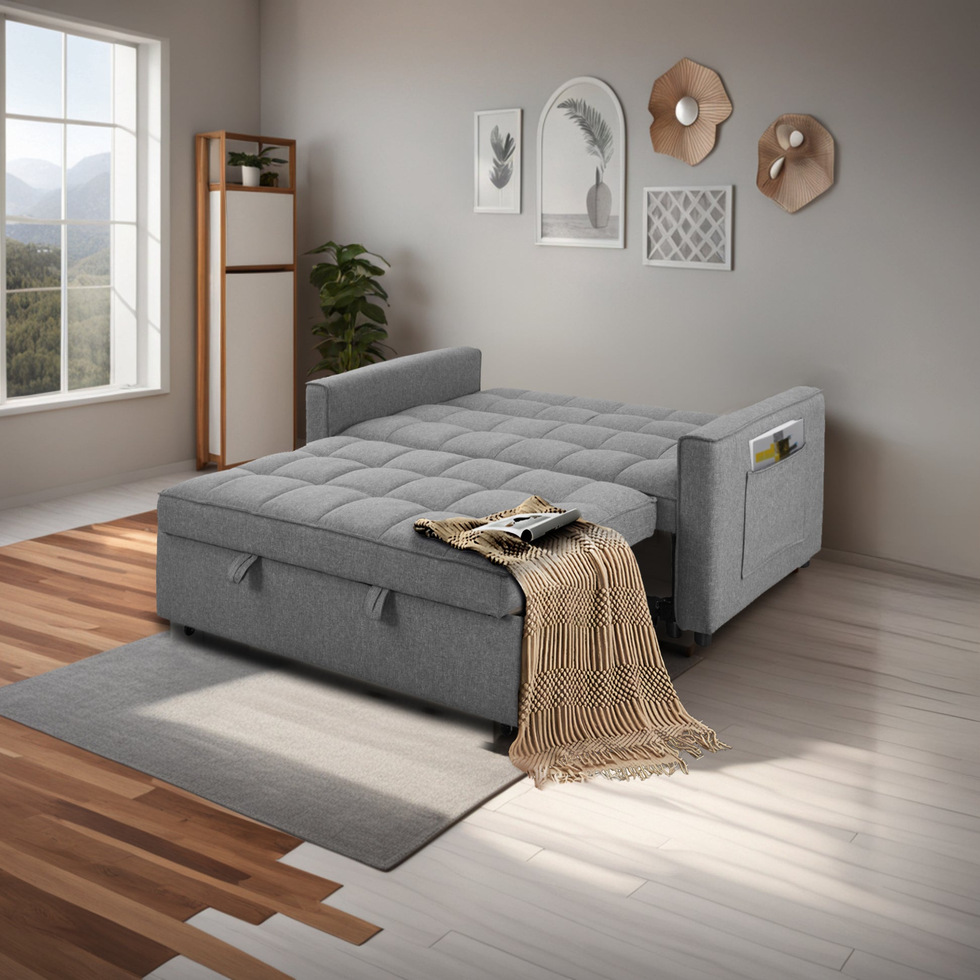 Stylish Grey Pull Out Sofa Bed With Woven Polyester Fabric & Solid Wood Frame Gray Polyester 2 Seat