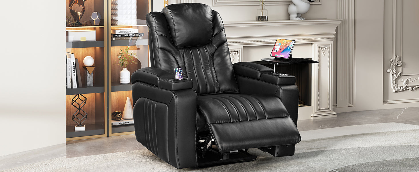 Pu Leather Power Recliner Home Theater Recliner With Power Adjustable Headrest, Wireless Charging Device, Usb Port, Storage Arms, Cup Holder And Swivel Tray Table For Living Room, Black Black Foam Pu Leather