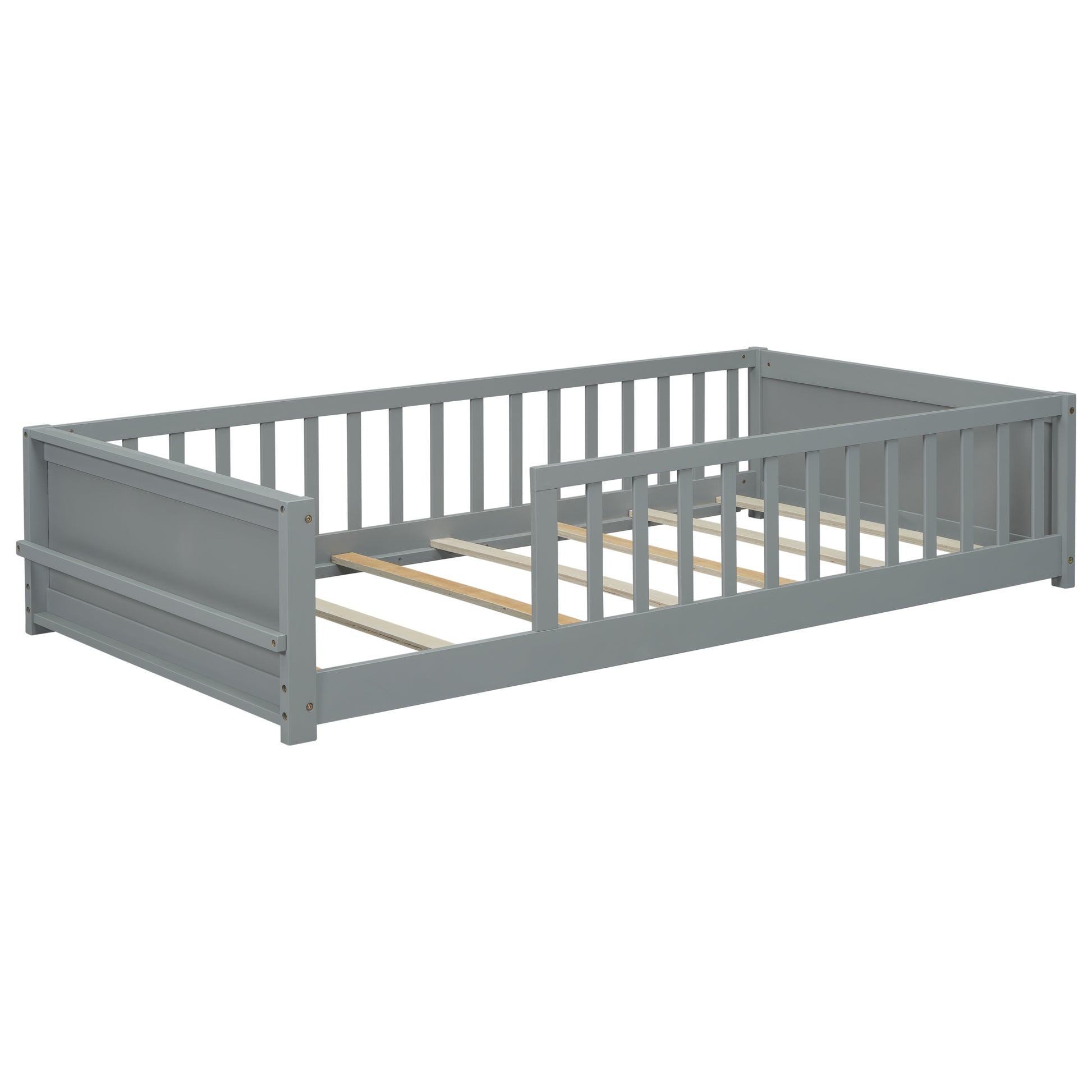 Twin Size Floor Platform Bed With Built In Book Storage Rack,Grey Twin Grey American Design Pine