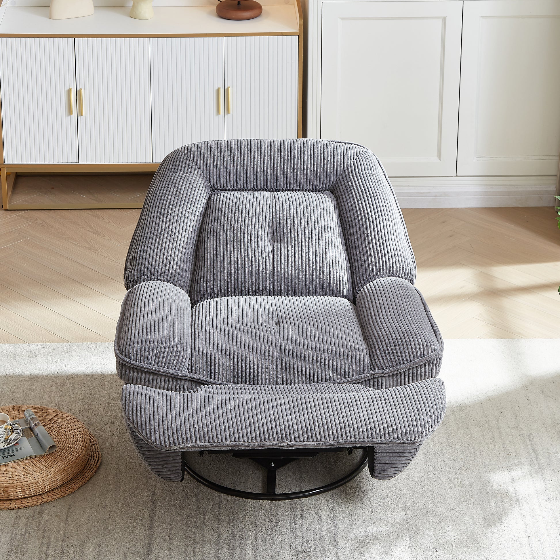 Video 360 Degree Corduroy Swivel Upholstered Manual Recliner Chair,Theater Recliner Sofa,Nursery Glider Rocker For Living Room Grey Corduroy