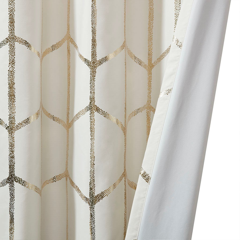 Total Blackout Metallic Print Grommet Top Curtain Panel Only 1 Pc Panel Ivory Gold Microfiber