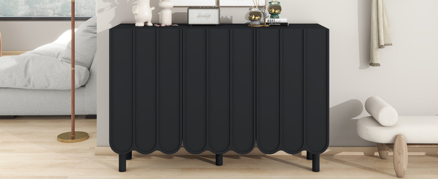 Cream Style Minimalist Shoe Cabinet With 5 Solid Wood Legs, Sideboard Buffet Cabinet With Adjustable Shelves, Large Storage Cabinet With Wave Doors For Living Room, Black Black Mdf