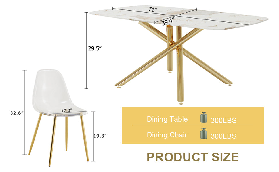 Table And Chair Set.Modern Luxurious White Marble Patterned Tempered Glass Dining Table Set With Transparent Pp Chairs.8 Transparent High Quality Pp Dining Chairs With Golden Legs. White Gold Seats