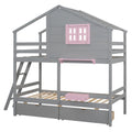 Twin Over Twin Bunk Bed With 2 Drawers, 1 Storage Box, 1 Shelf, Window And Roof Gray Old Sku:Lt001608Aae Twin Gray Solid Wood