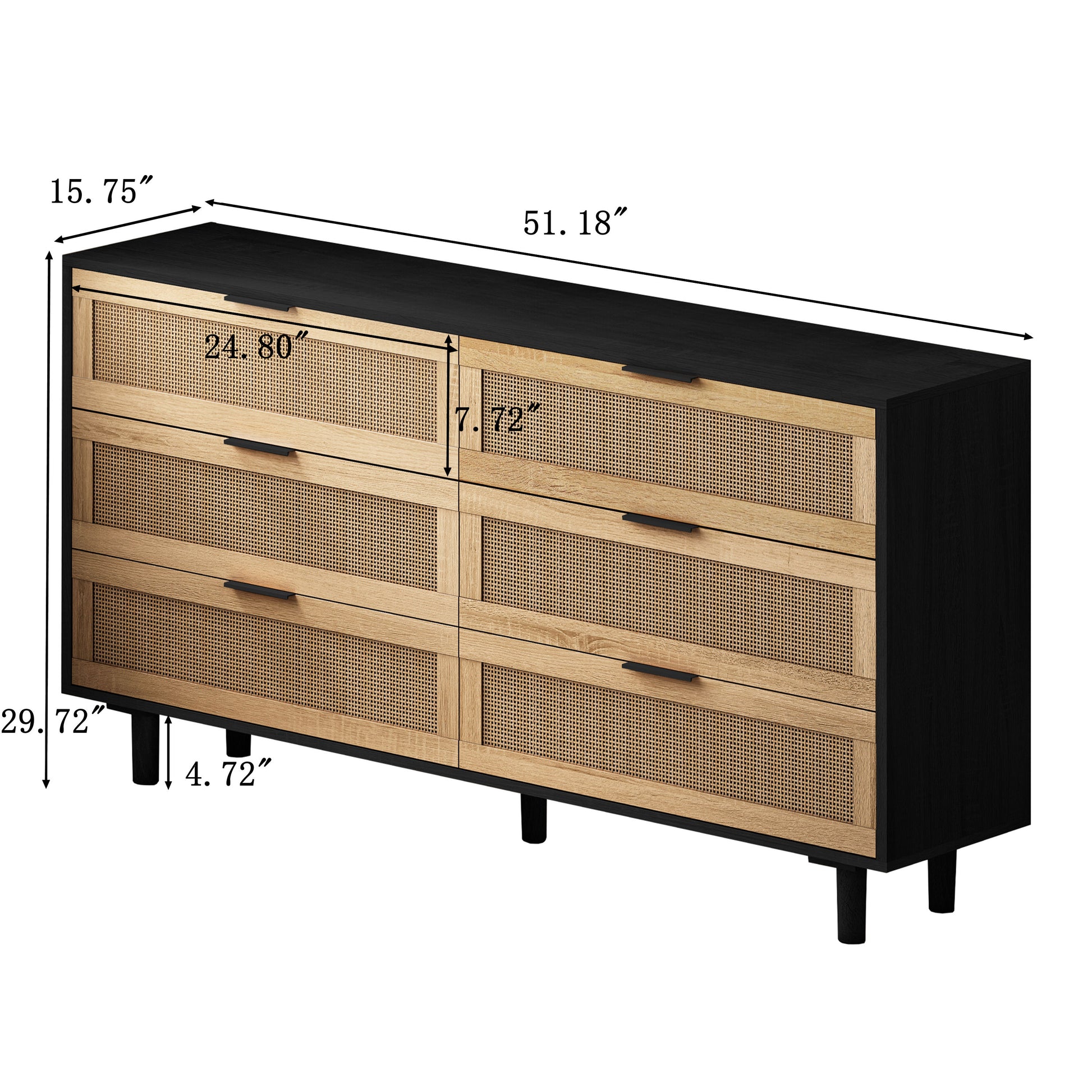 51.18"6 Drawers Rattan Storage Cabinet Rattan Drawer,For Bedroom,Living Room,Black Same Sku:W757112779 Black Mdf
