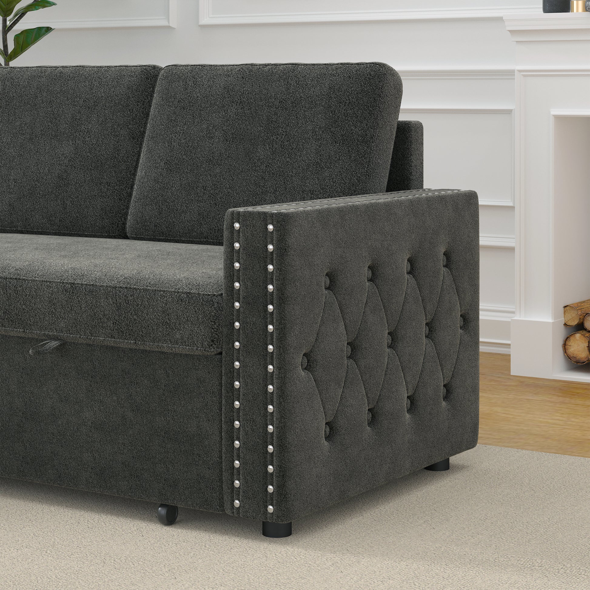 85 Inches Sofa Bed, 3 Seater Sleeper Sofa With Storage Chaise, Square Handrail With Pull And Copper Nail,Chenille Dark Grey, Pull Out Couch For Living Room Dark Grey Chenille 3 Seat