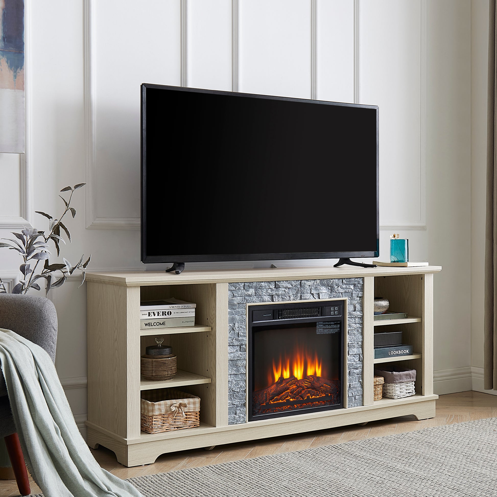 Mantel Electric Fireplace Stone Tv Media Stand, Open Storage Modern Entertainment Console Space With 18" Fireplace Insert, White, 58.31"W*15.39"D*26.06"H White 60 69 Inches Mdf