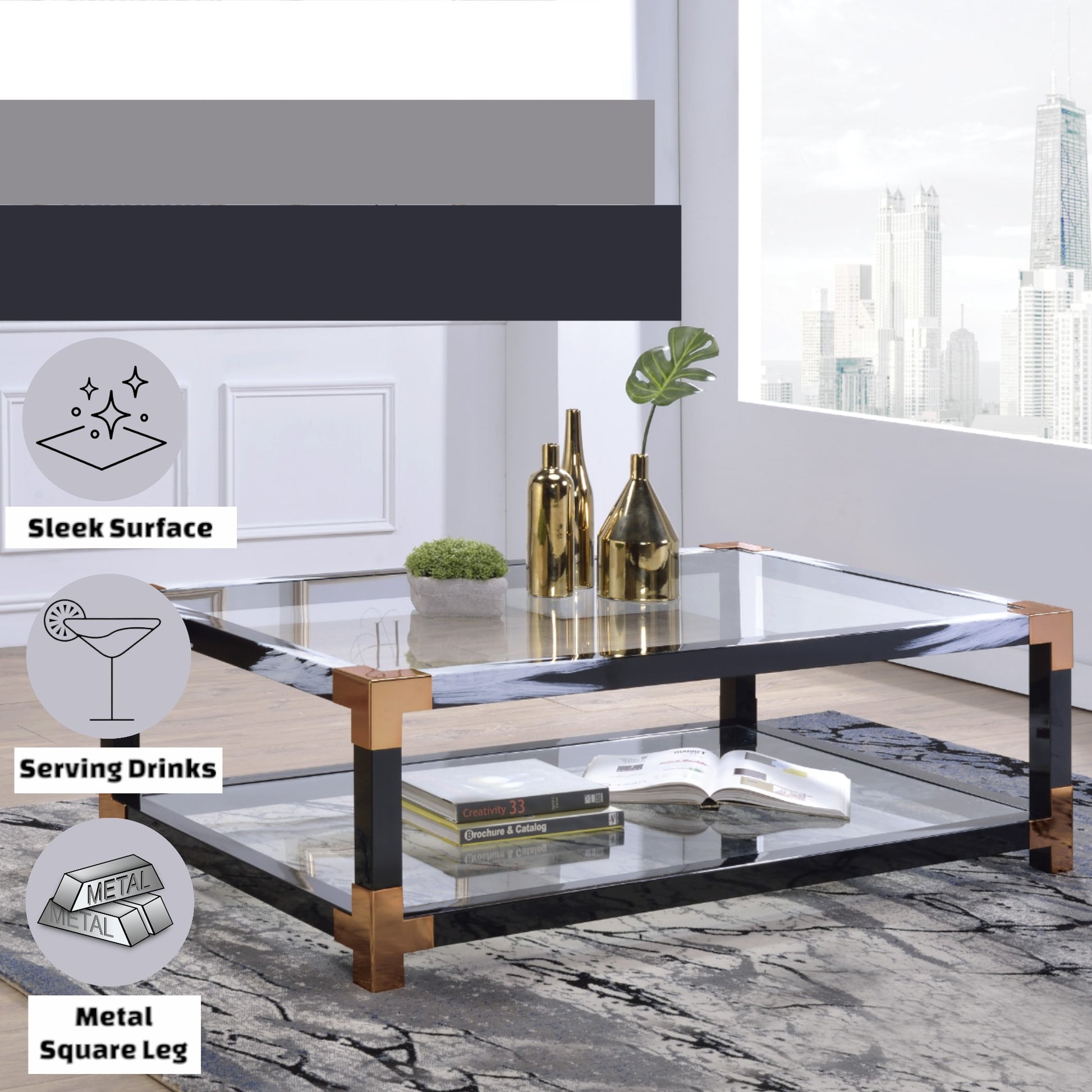 Lafty Clear Glass & White Brushed Finish Coffee Table Multi Glass,Metal