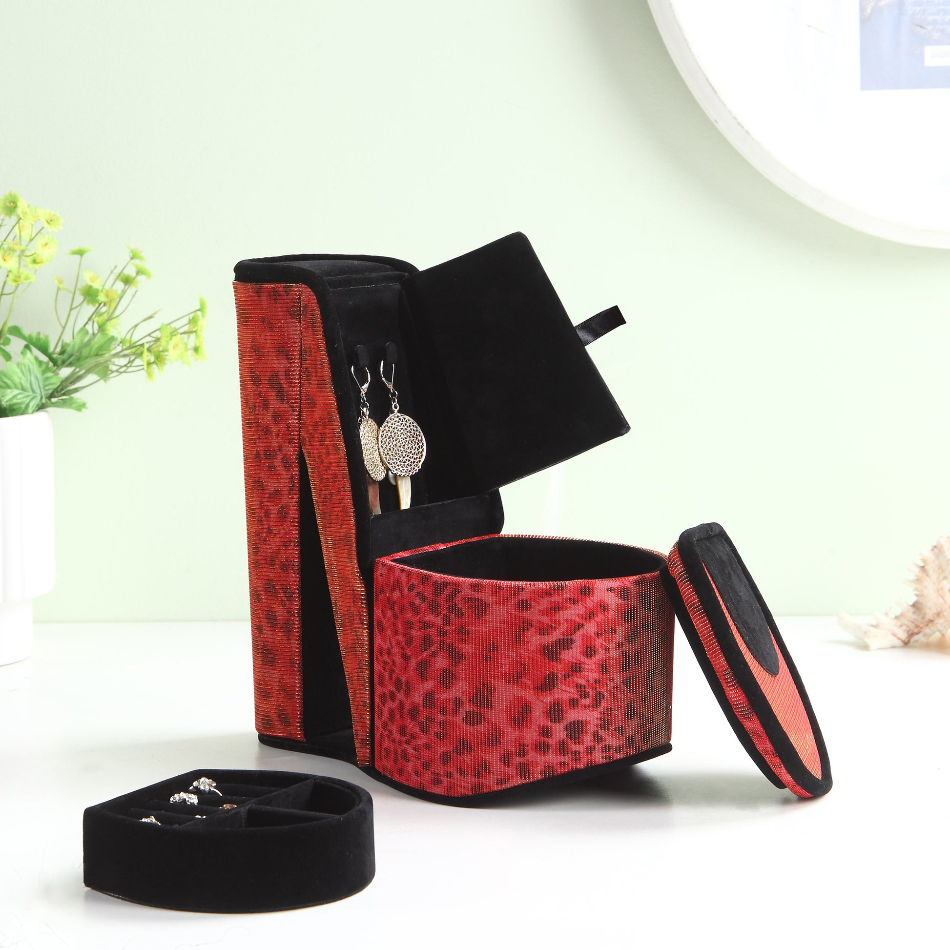 9" Tall Display Jewelry Box With Hidden Storage, High Heel Shoe Design, Leopard Print Multicolor Pu