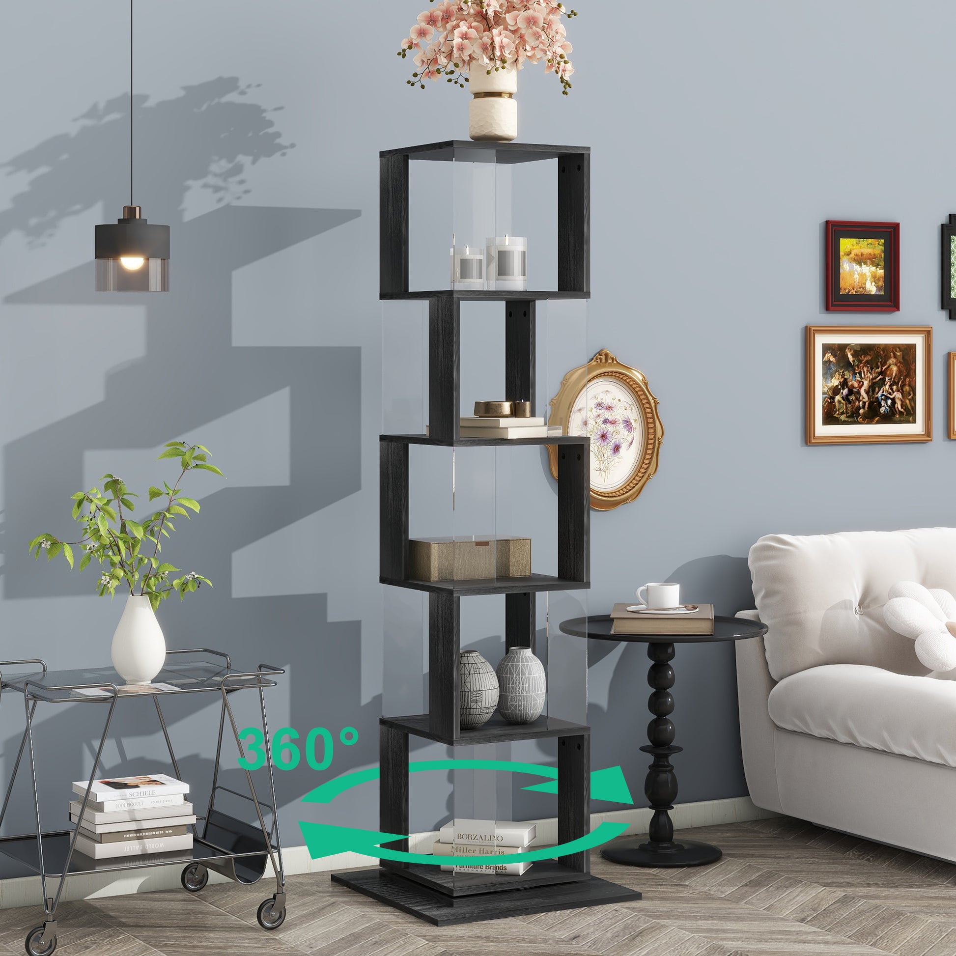 5 Tier Rotating Bookshelf, Floor Rack Simple Bookcase With Acrylic Plate Student Multi Function Creative Bookshelf For Living Room With Anti Toppling Base Black Particle Board