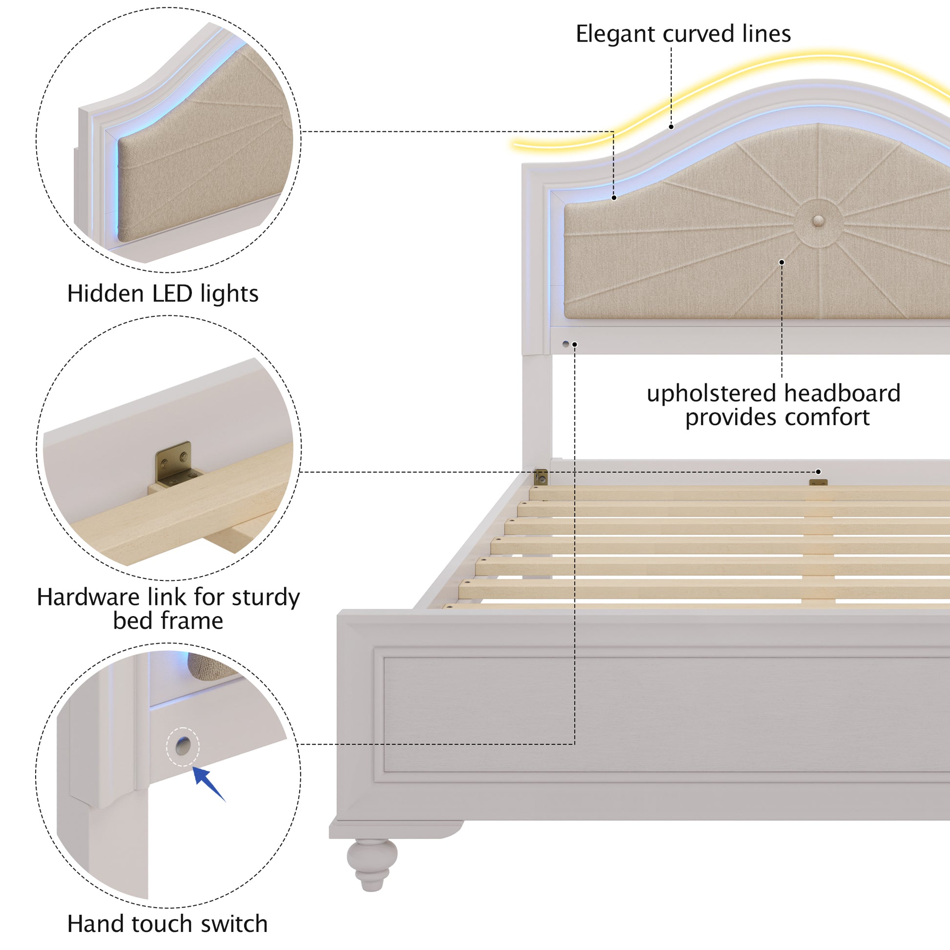 3 Pieces Bedroom Sets Queen Size Wood Bed With Hidden Led Light Upholstered Headboard 2 Nightstands, Cream Grey Queen Cream Grey 3 Piece Set Upholstered,Wood