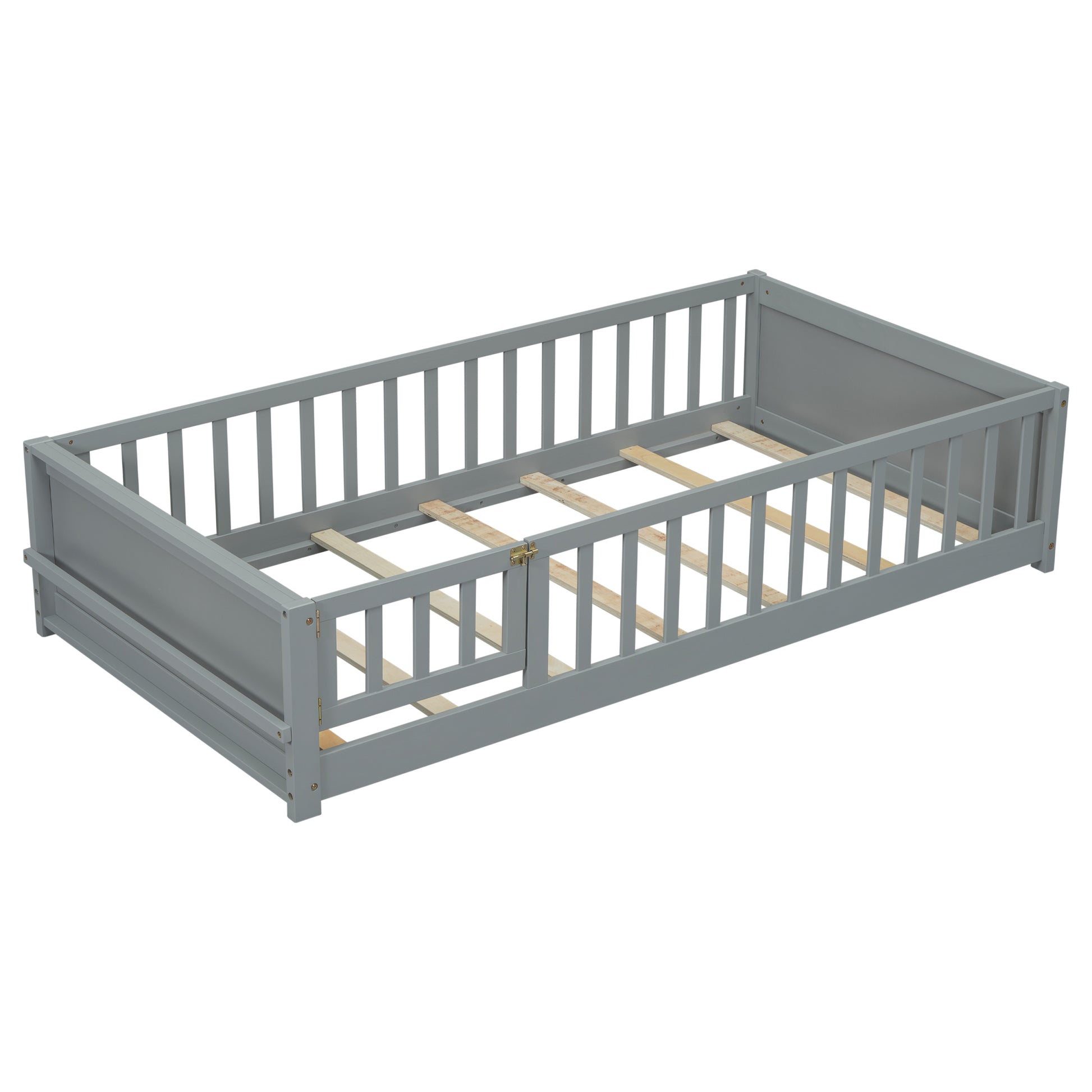 Twin Size Floor Platform Bed With Built In Book Storage Rack, Door,Grey Twin Grey American Design Pine