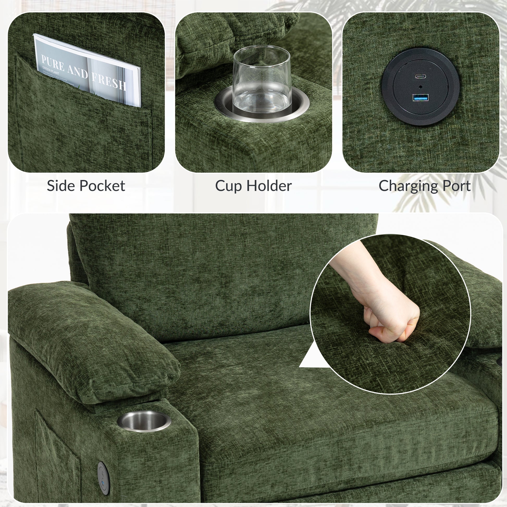 Modern Oversized Chair With Ottoman,Chenille Fabric Sofa Bed,Accent Chair Comfy Sofa With Cupholders And Usb Charging Ports Chair For Living Room,Bedroom,Apartment Green Chenille