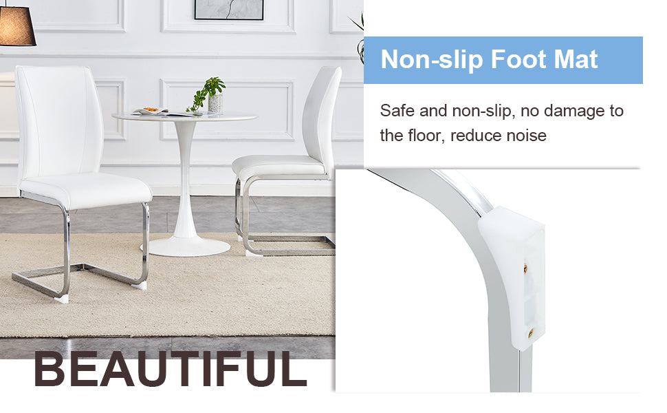 Luxury Simple Arch Chair Set Of 4 White Pu Material High Resilience Dining Chair With Arched Metal Silver Leg. White Silver Metal,Pu