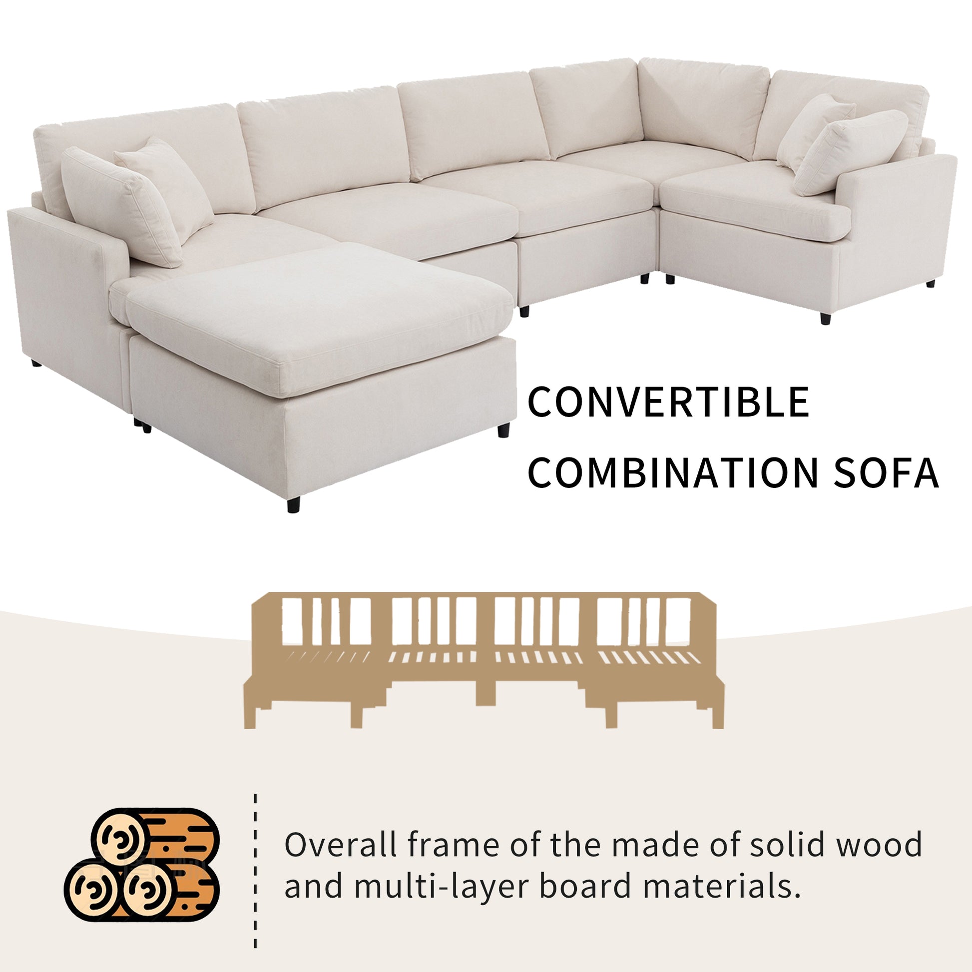 Modern Large U Shape Sectional Sofa, With Removable Ottomans For Living Room 6 Seater Beige Polyester 6 Seat