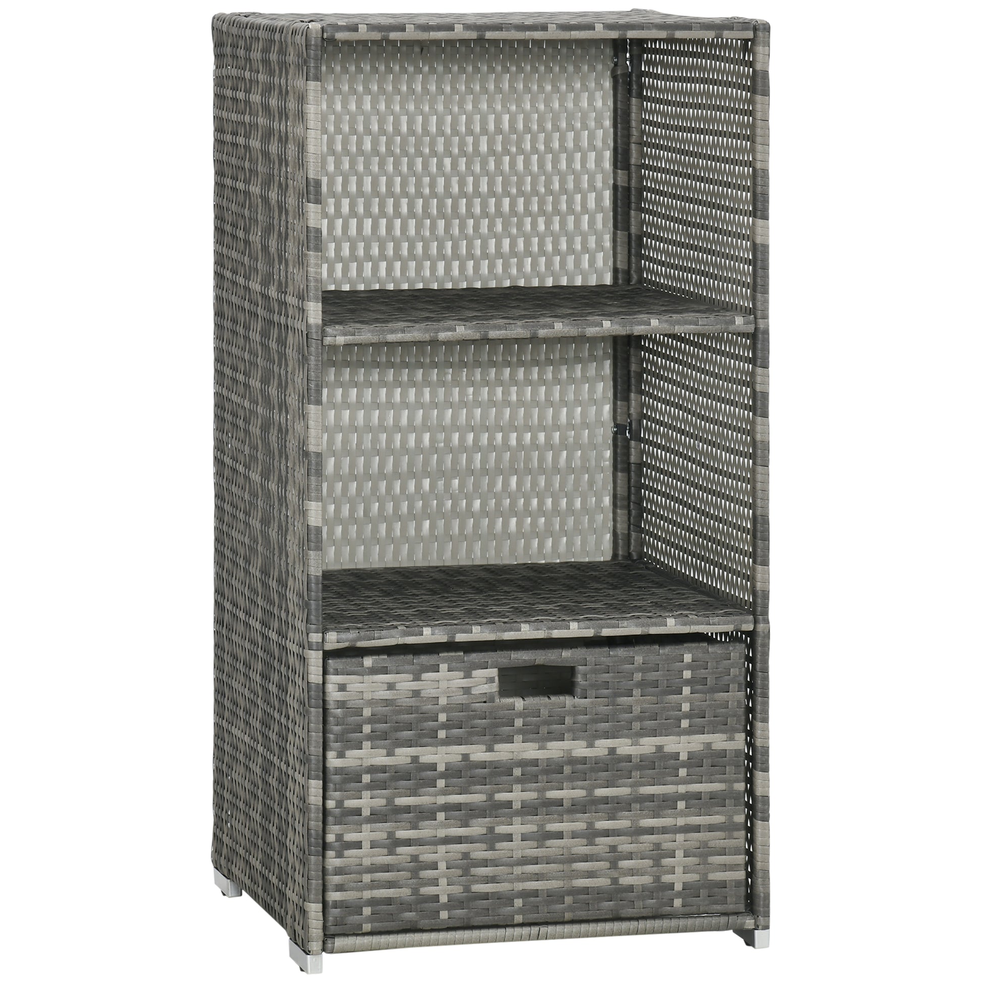 Outsunny Valet Pool Towel Rack, Waterproof Pe Plastic Rattan Wicker Storage Organizer, Indoor Outdoor Spa, And Hot Tub Accessory Storage, 2 Shelves, 1 Basket Drawer, Gray Grey Rattan
