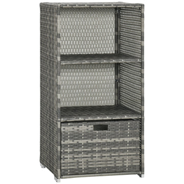 Outsunny Valet Pool Towel Rack, Waterproof Pe Plastic Rattan Wicker Storage Organizer, Indoor Outdoor Spa, And Hot Tub Accessory Storage, 2 Shelves, 1 Basket Drawer, Gray Grey Rattan