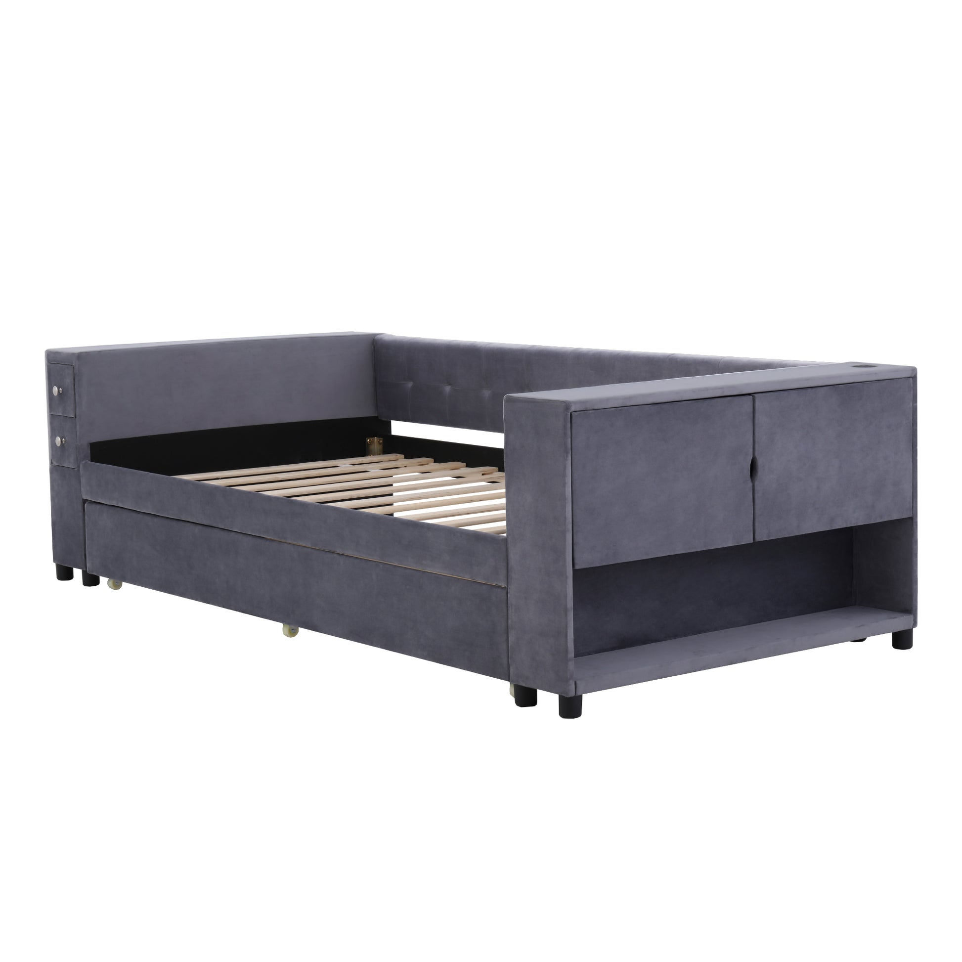 Twin Upholstered Bed With Storage And Twin Trundle, Usb Charging Ports, French Velvet, Gray Twin Gray Velvet