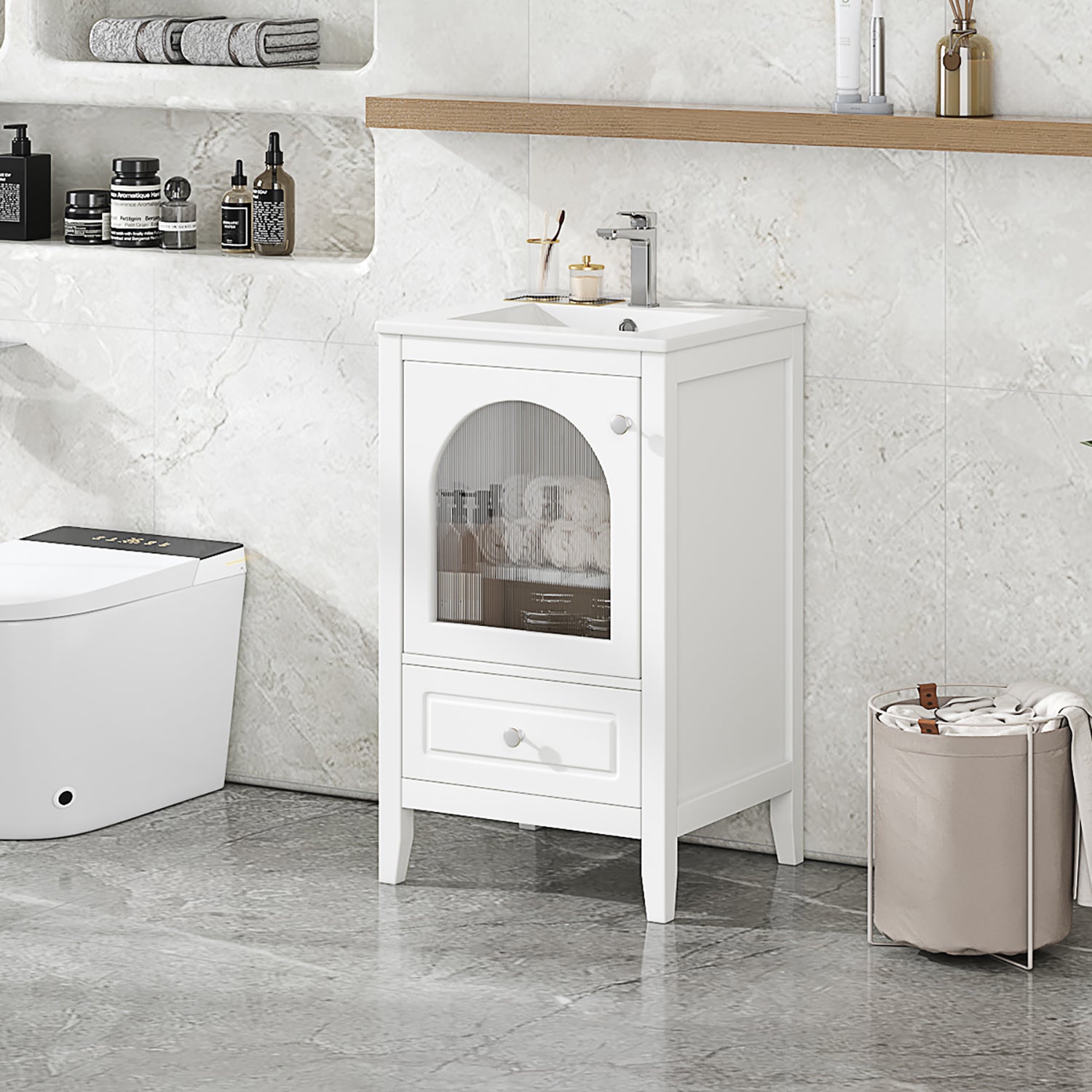 20" Bathroom Vanity With Sink, Bathroom Cabinet With Soft Closing Glass Door, A Drawer, White White Mdf