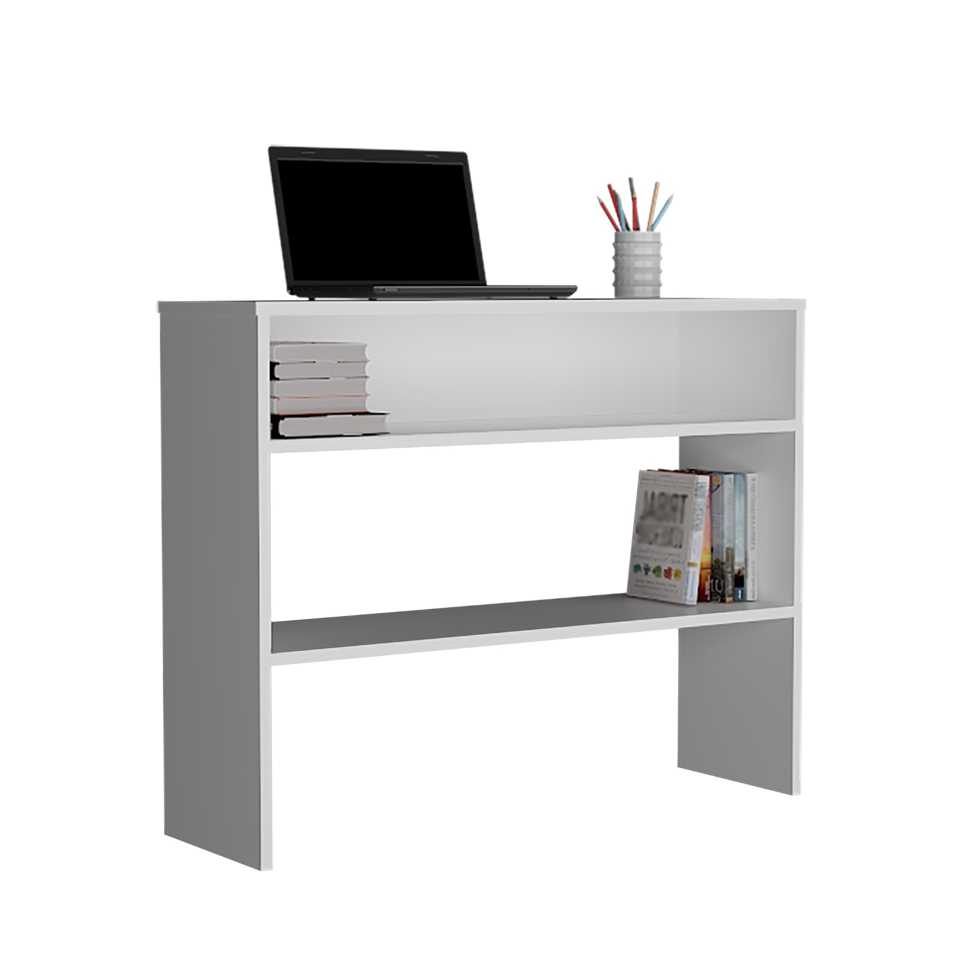 Being 39" Wide 2 Tier Shelf Narrow Console Table, Entryway Table White Computer Desk Office Modern Freestanding Rectangular Open Storage Computer Tables Rectangular Particle Board