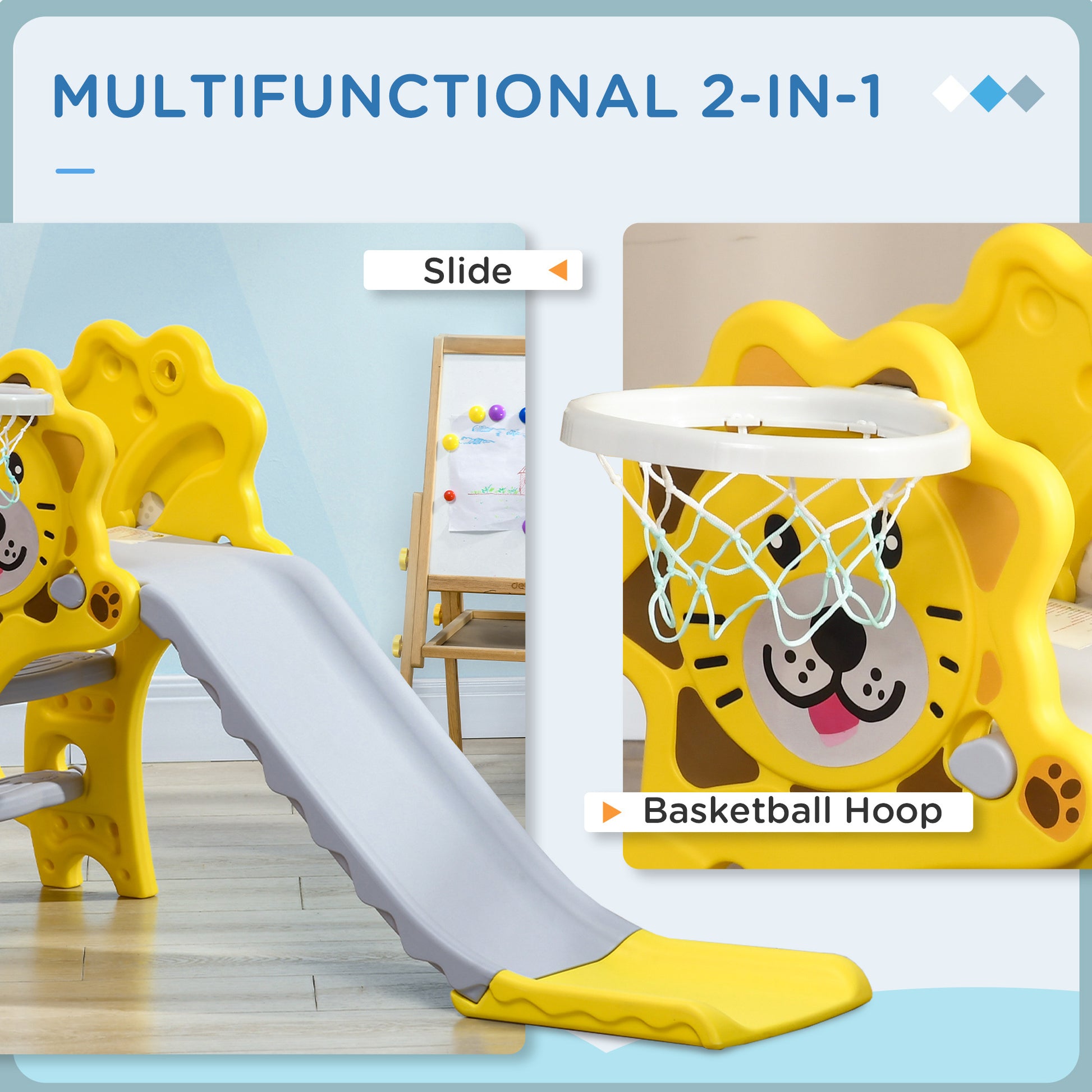 Qaba 2 In 1 Toddler Slide For Indoors, Toy For Toddler, Easy Set Up Baby Slide With Basketball Hoop For Kids 18 36 Months, Yellow Yellow Plastic