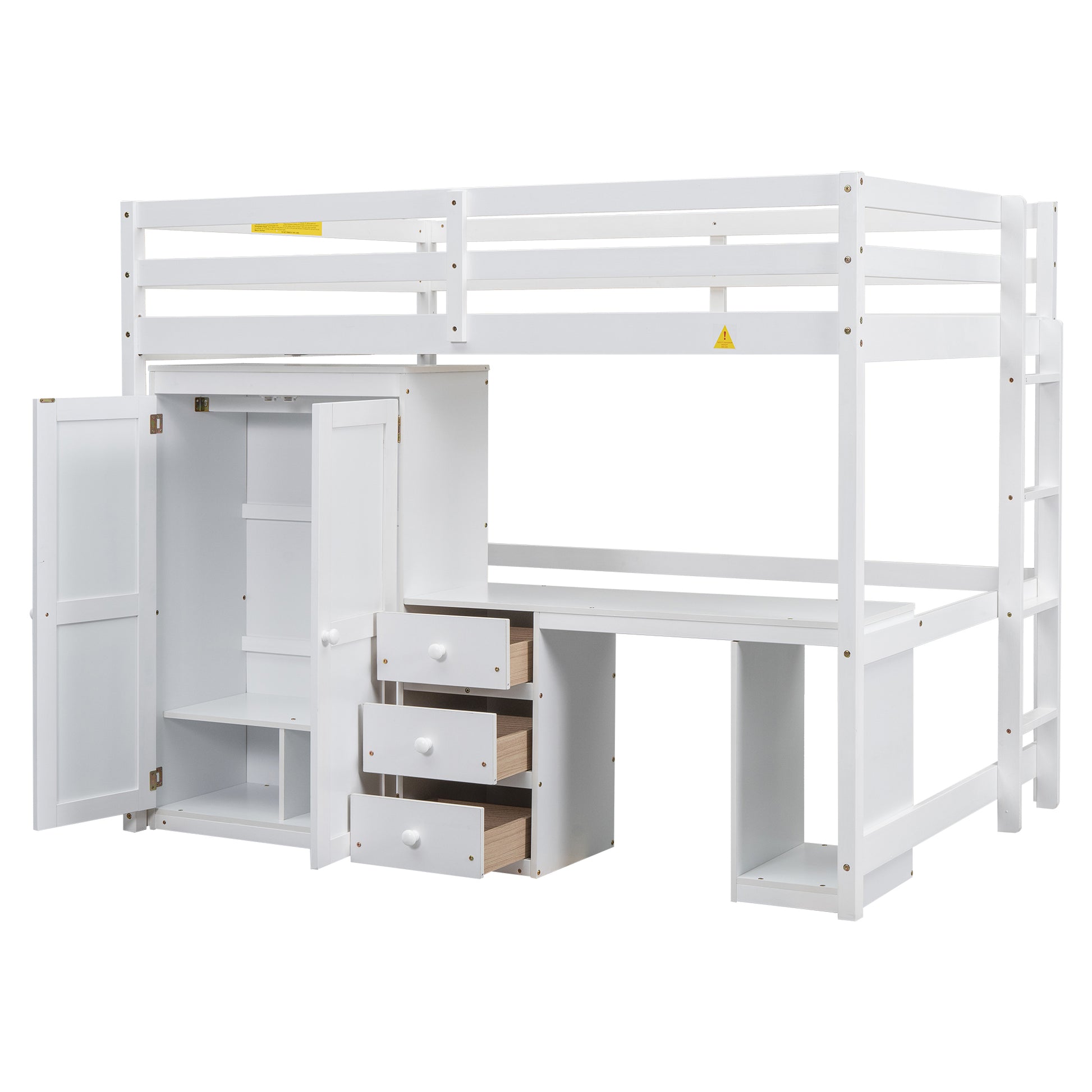 Full Size Loft Bed With Wardrobe, Desk And Storage Drawers, White Full White Pine