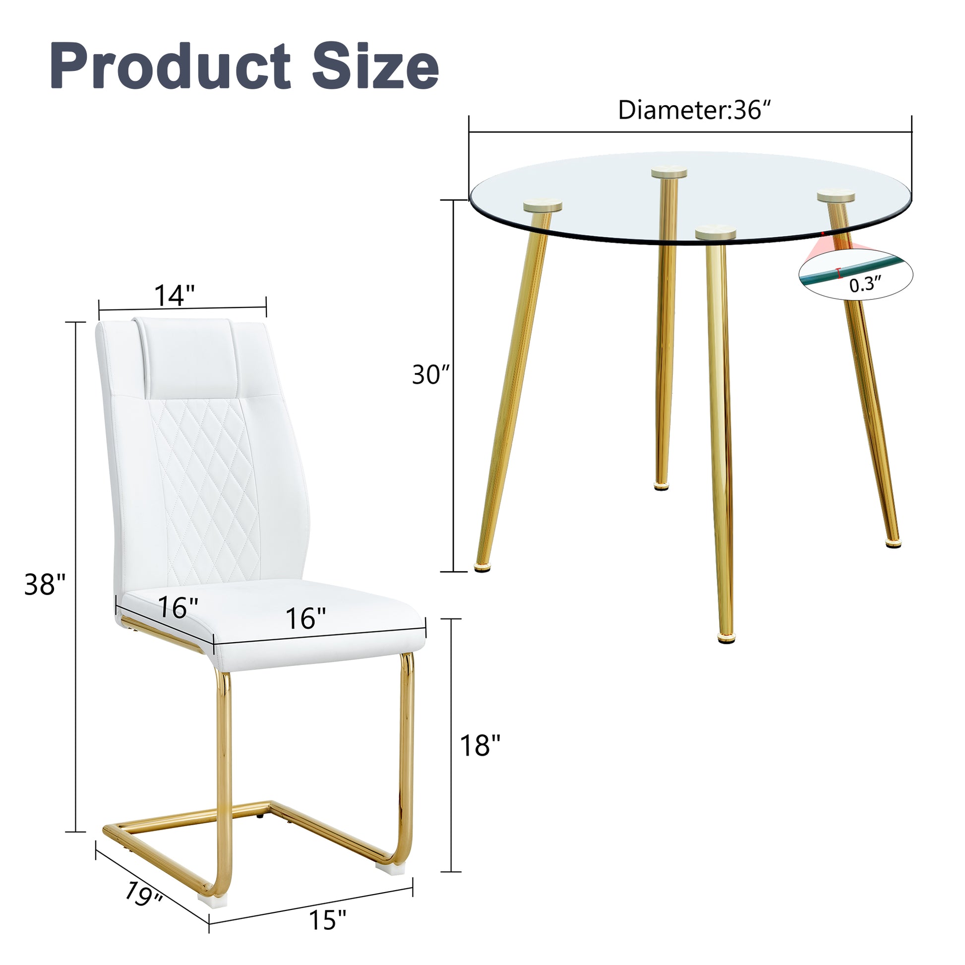 Table And Chair Set, Modern Minimalist Style Round Transparent Tempered Glass Table With Gold Metal Legs, Paired With 4 Modern Pu Leather High Back Dining Chair, Bringing A Luxurious Experience. White Seats 4 Glass Metal