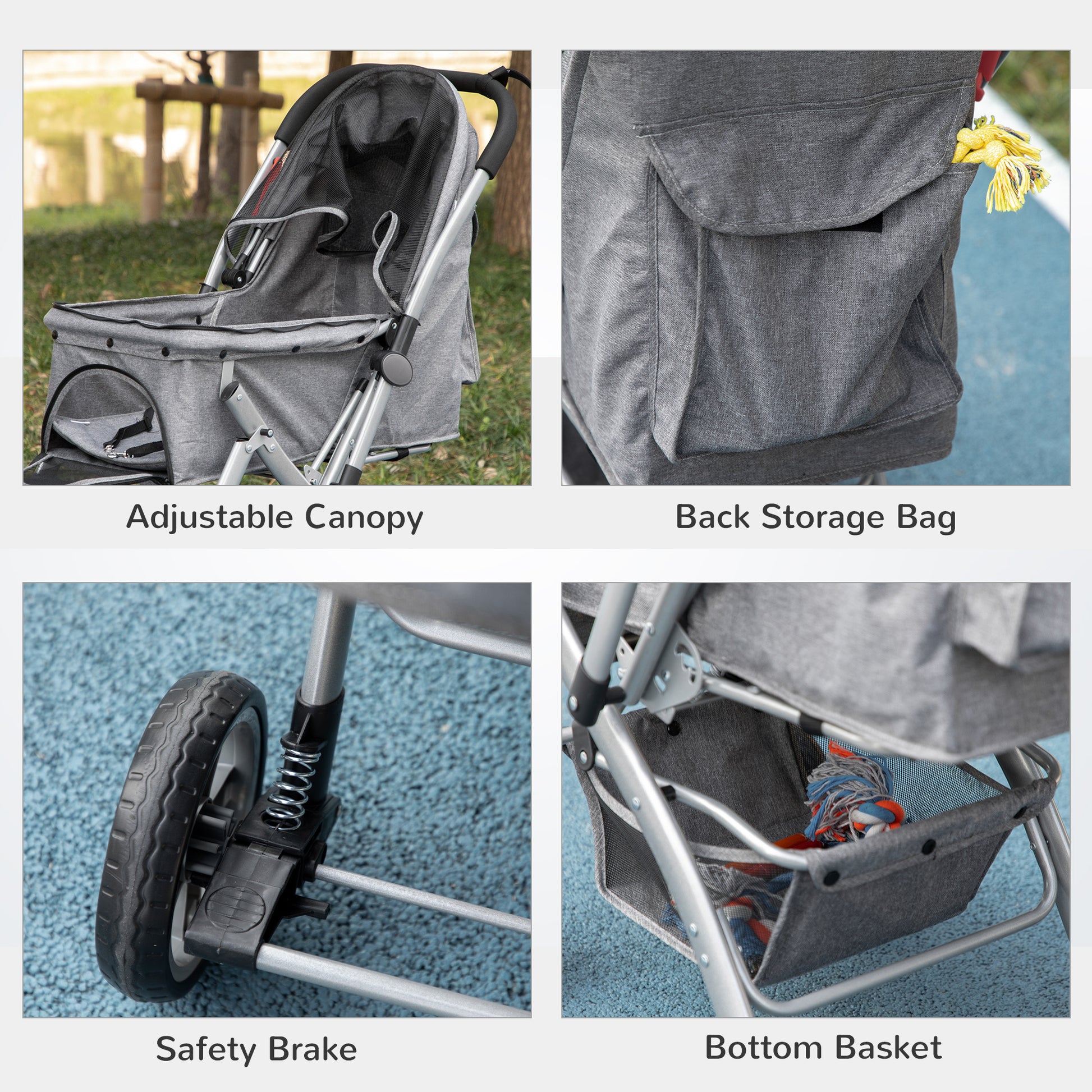 Pawhut Travel Pet Stroller For Dogs, Cats, One Click Fold Jogger Pushchair With Swivel Wheels, Braket, Basket Storage, Safety Belts, Adjustable Canopy, Zippered Mesh Window Door, Grey Grey Steel