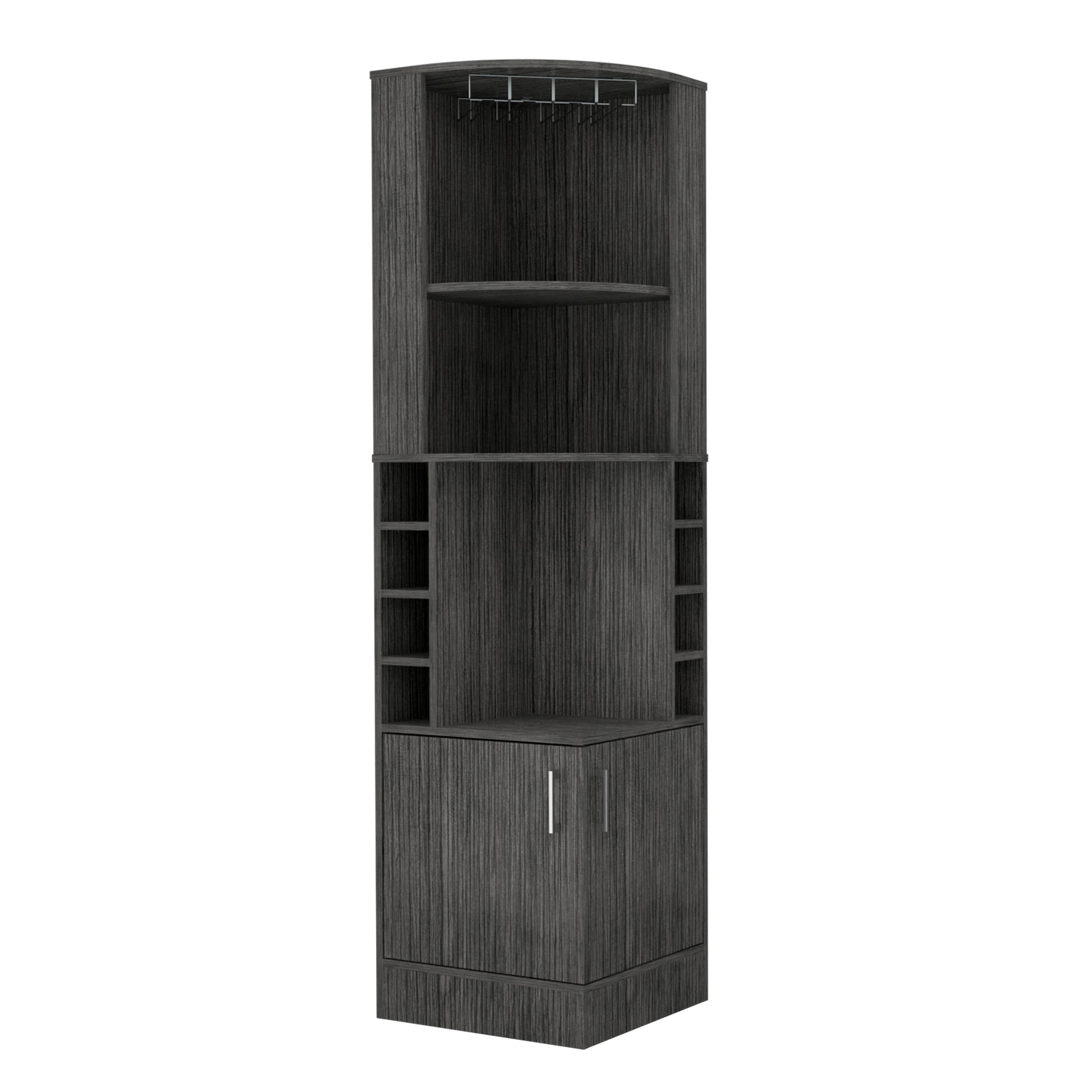 Syrah Corner Bar Cabinet, Eight Bottle Cubbies, Double Door, Two Open Shelves Smokey Oak Gray Primary Living Space Modern Particle Board Particle Board