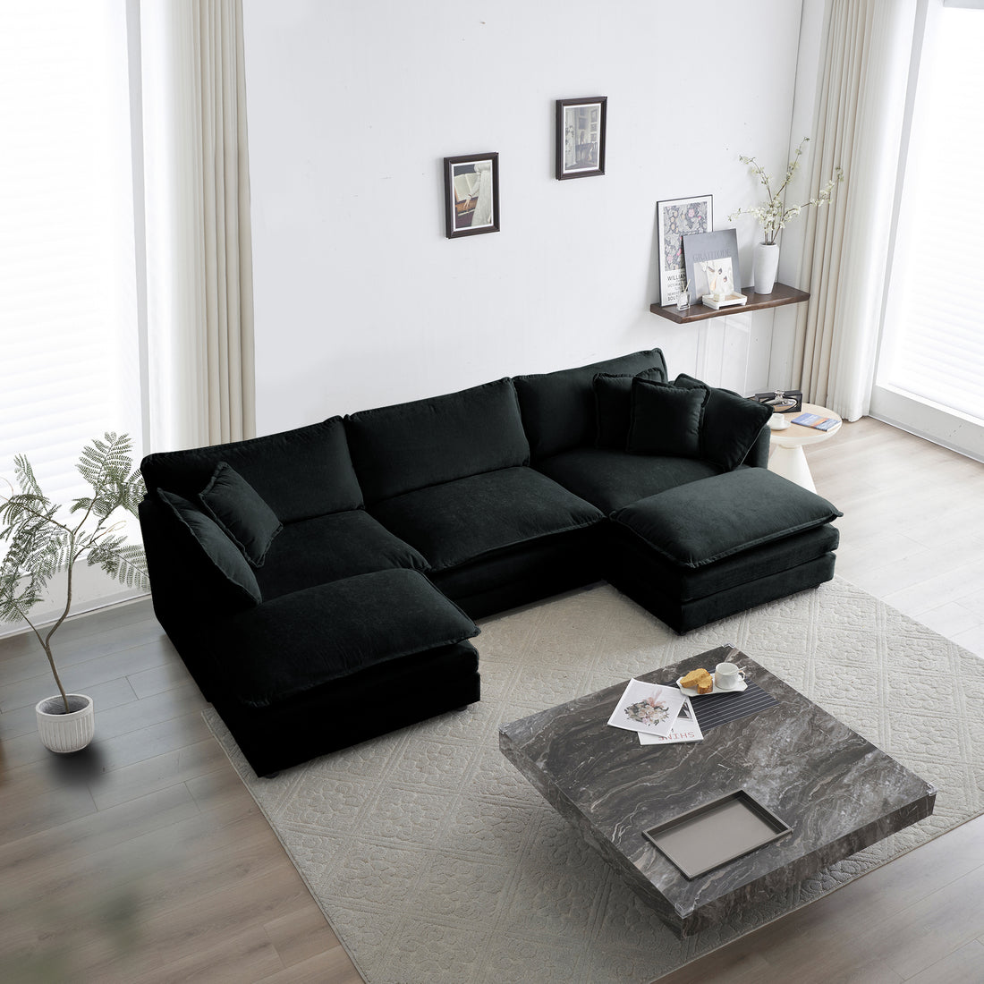 U Shaped Sectional Sofa W Reversible Footrest, 5 Seater Convertible Corner Couch With 2 Ottomans ,Modern Minimalist Soft Sofa & Couch For Living Roomblack Chenille Black Chenille 3 Seat