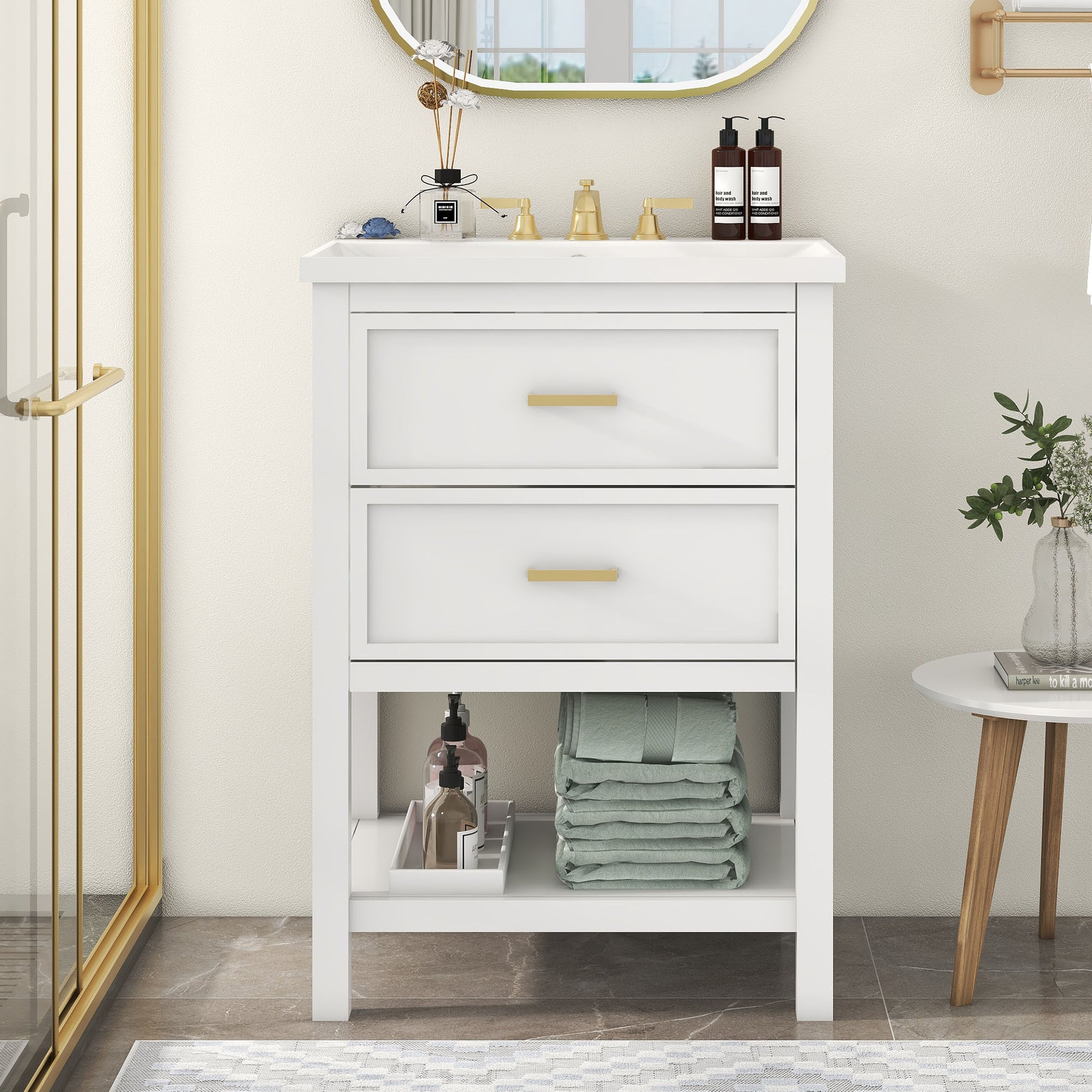 24'' Bathroom Vanity With Top Sink, Modern Bathroom Storage Cabinet With 2 Drawers, Single Sink Bathroom Vanity 2 White 1 Adjustable Hinges Bathroom Freestanding Mdf Painted